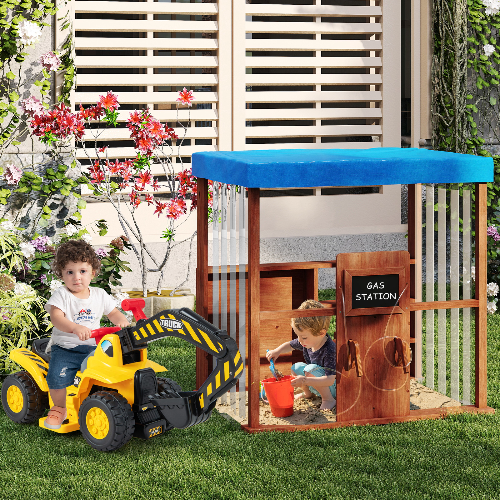 Kids Gas Station Playhouse Outdoor Wooden Play House with 2 Refueling Guns 2 Chalkboards 3-Tier Shelves Brown