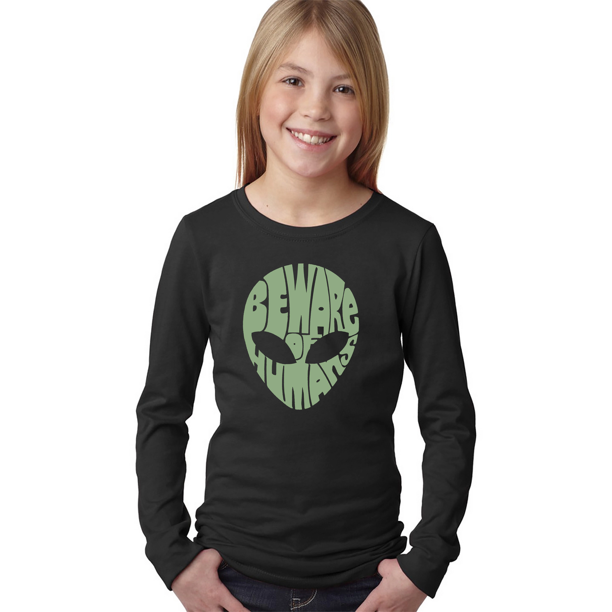 LA Pop Art Girls Long Sleeve Word T-Shirt - Beware of Humans