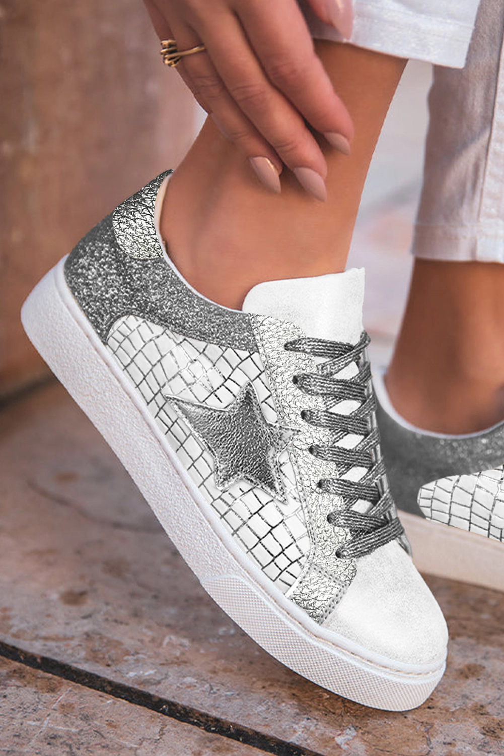 Threaded Pear Women's Emi Glitter Star Lace-up Sneakers