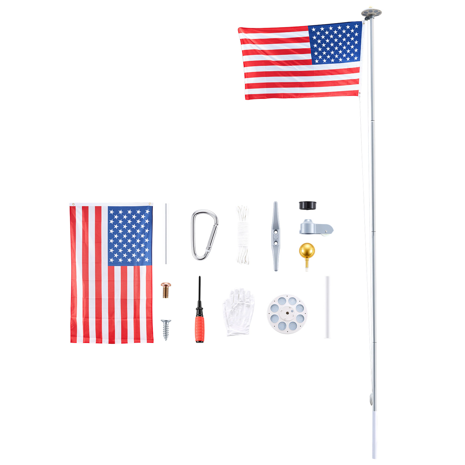 HONGGE 25 ft Sectional Flag Pole Kit with Solar LED Light, Heavy Duty Aluminum, 3x5 American Flag, In-Ground, Silver