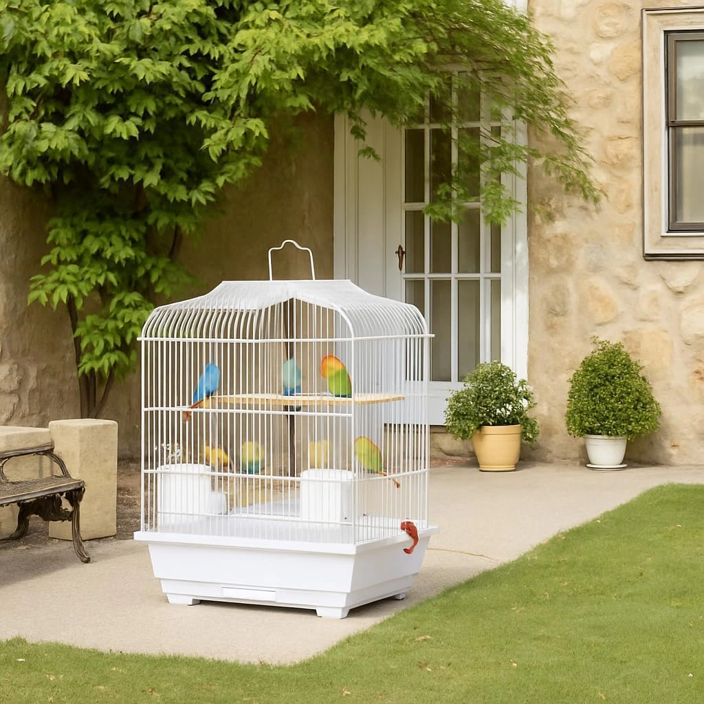Portable Travel Metal Bird Cage, Lightweight Display Aviary for Budgie Cockatiel Small Parrots, White