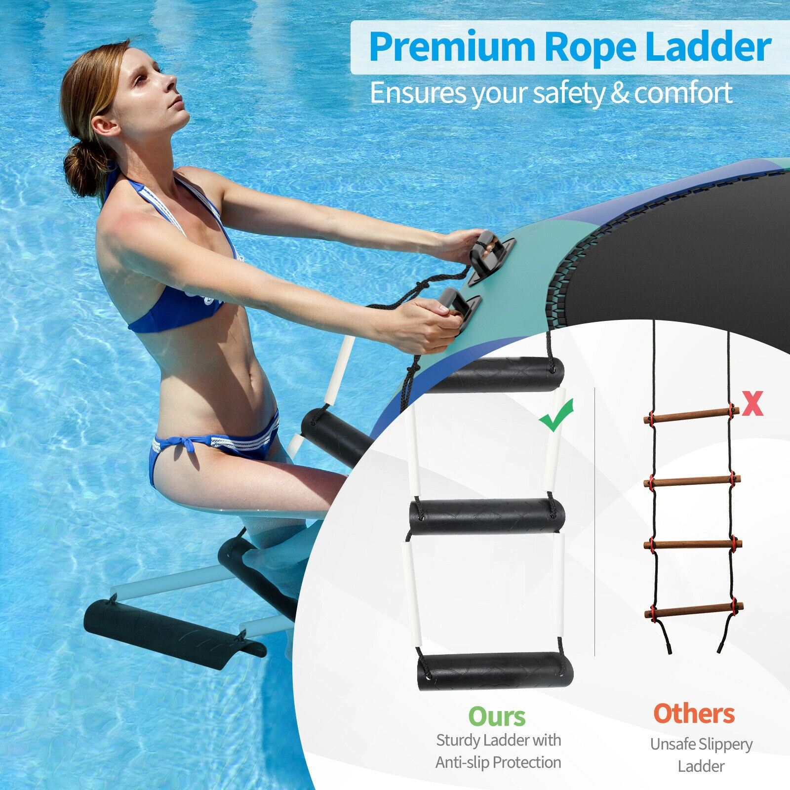 10-ft Inflatable Lake Trampoline Floating Water Bouncer 500W Electric Inflator Rope Ladder Anchor 330-lb Ages 14+ Blue