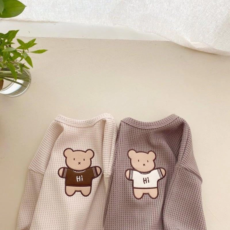 MyKids-USA Baby Cartoon Bear Embroidered Pattern Waffle Fabric Hoodies Sets