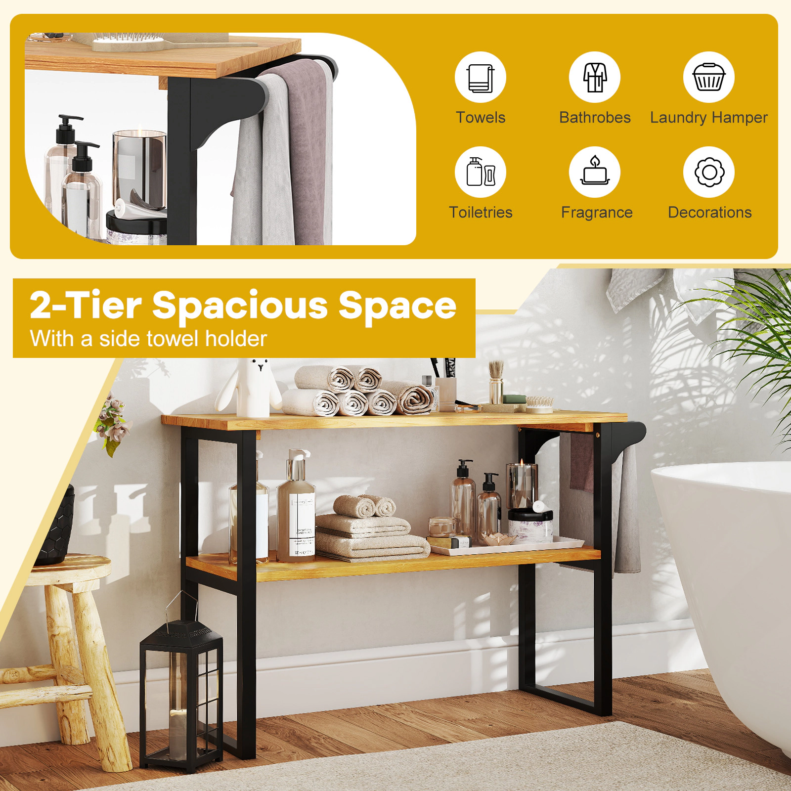 Slickblue Freestanding Bathroom Shelf with Towel Holder 2 Tier Storage Wood Rack Unit