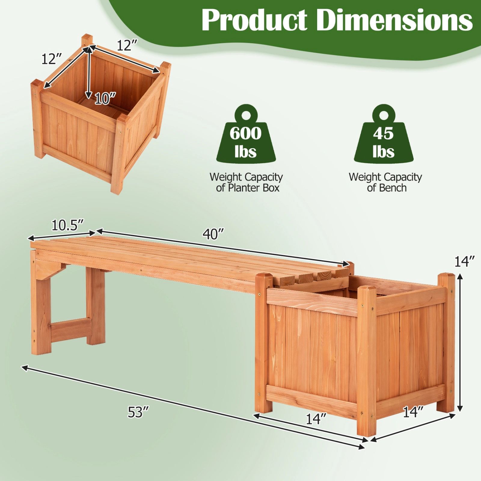 SUGIFT 2-in-1 Raised Planter Box 2-Person Seat Fir Wood Garden Bench 53-in x 14-in x 14-in 660-lb Capacity Natural