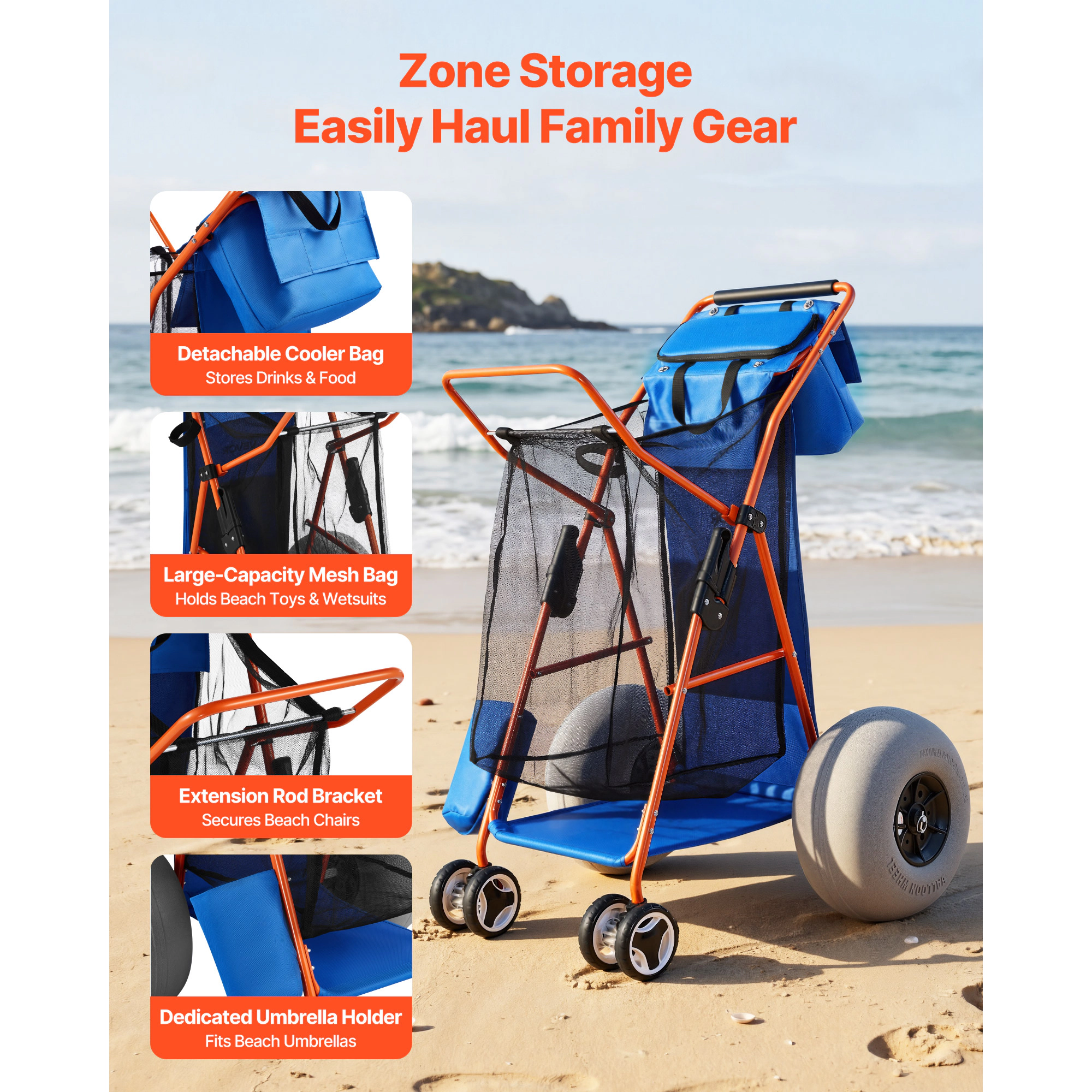 HONGGE Heavy Duty Folding Sand Cart with 12" Balloon Wheels for Beach Camping, 165 lbs Load Capacity