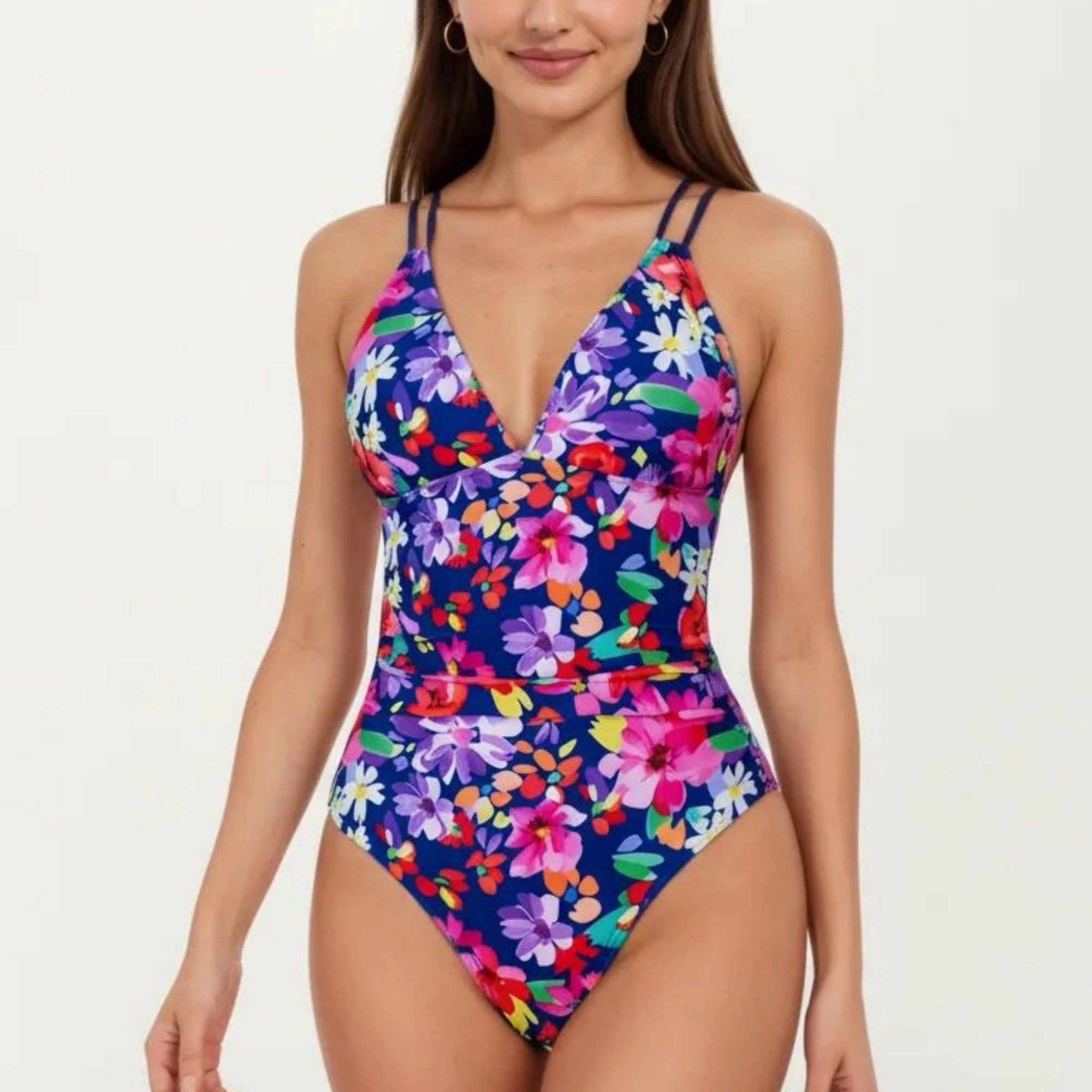 Anna-Kaci Women One Piece Swimsuit V-Neck Floral Print Double Strap Ruched Waist