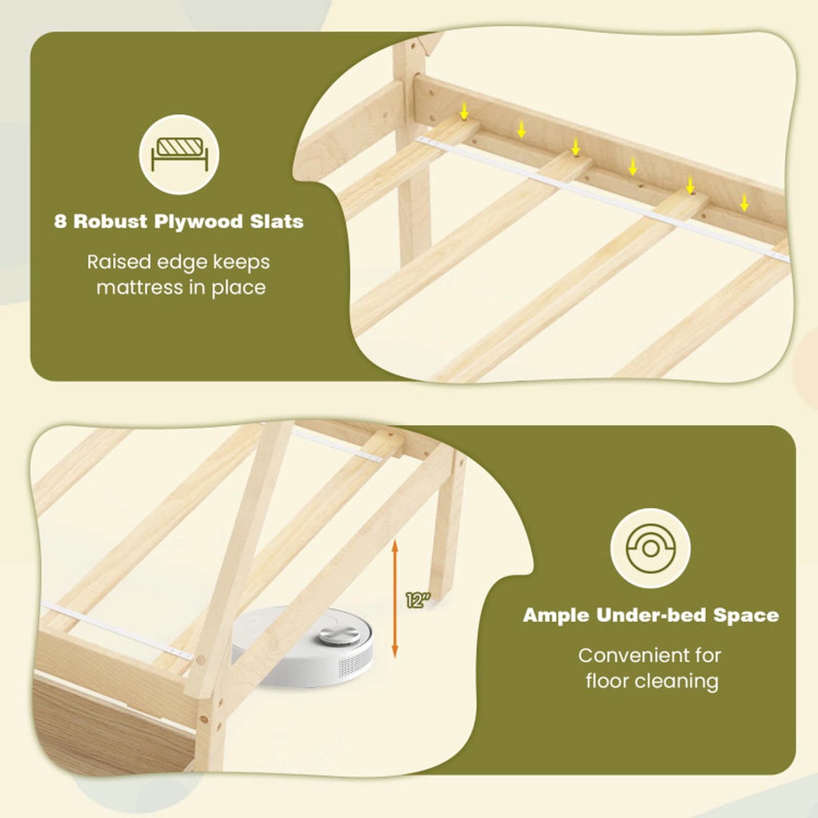 SUGIFT House-Shaped Twin Platform Bed Frame 200-lb Capacity Natural with 2 Drawers