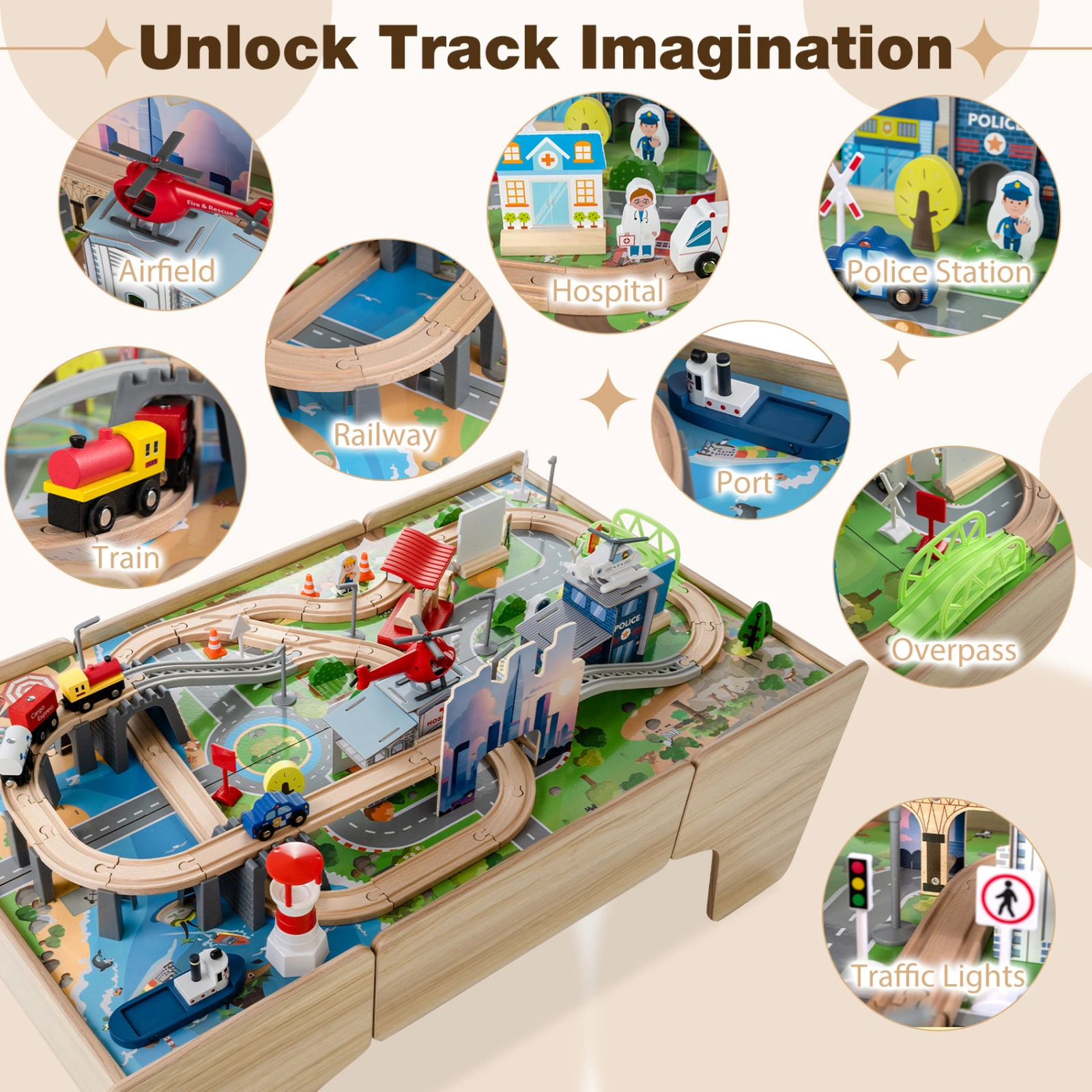 SUGIFT 110-Piece 66-lb Capacity 3-in-1 Wooden Train Table with Storage Drawer and Rope Pull Handle