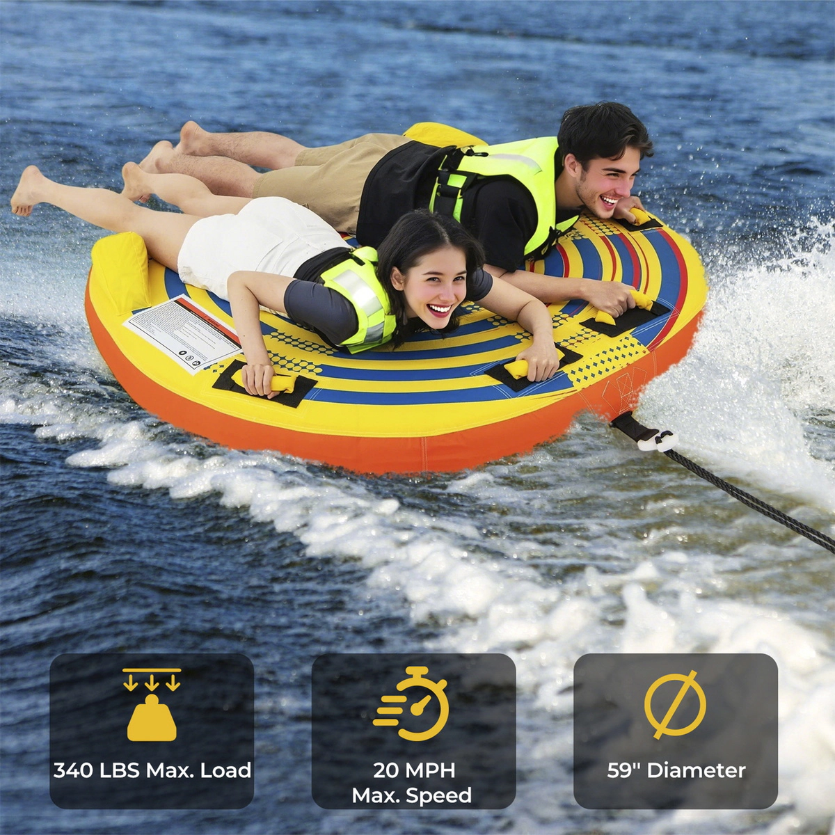 SUGIFT 2-Person Inflatable Towable Tube, 340 lb Capacity, Quick-Connect Tow Point