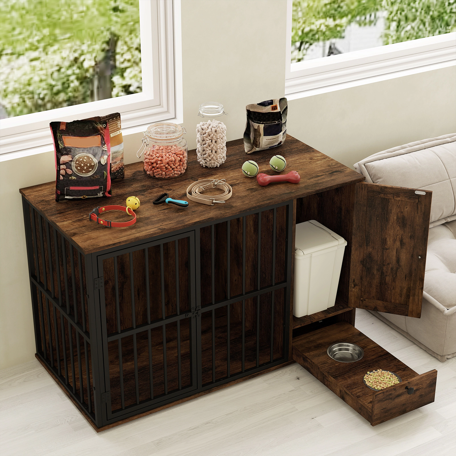 SUGIFT 47.5 in Dog Crate Furniture Rustic Brown with Hidden Pull-out Bowls and Side Cabinet