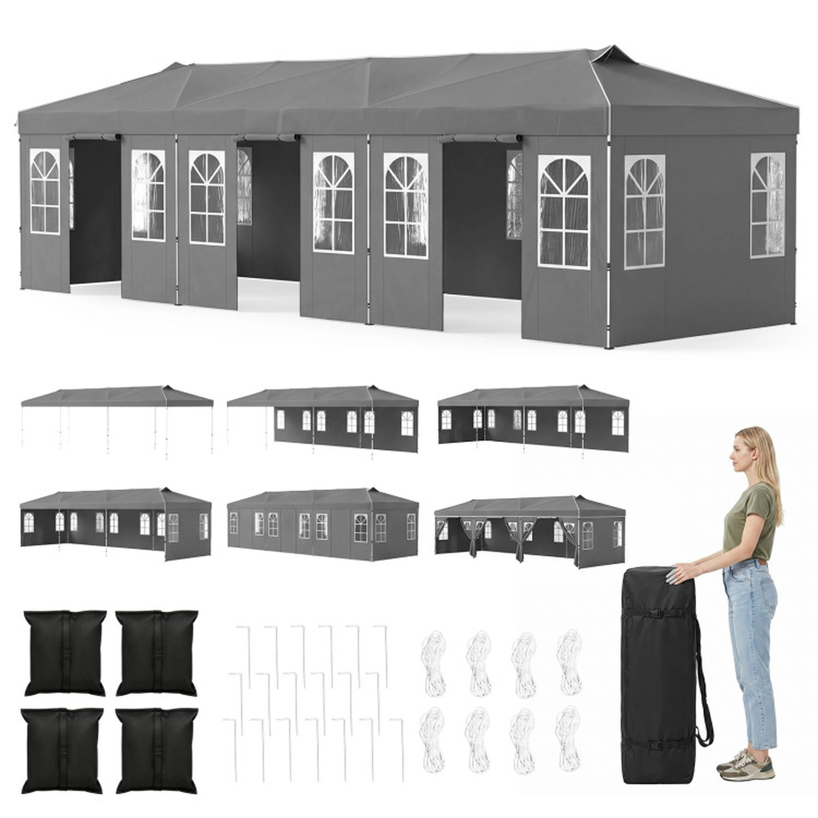 SUGIFT Pop Up Canopy Tent with 8 Sidewalls and Adjustable Height 10 x 30-ft Gray