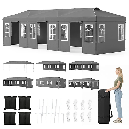 SUGIFT Pop Up Canopy Tent with 8 Sidewalls and Adjustable Height 10 x 30-ft Gray
