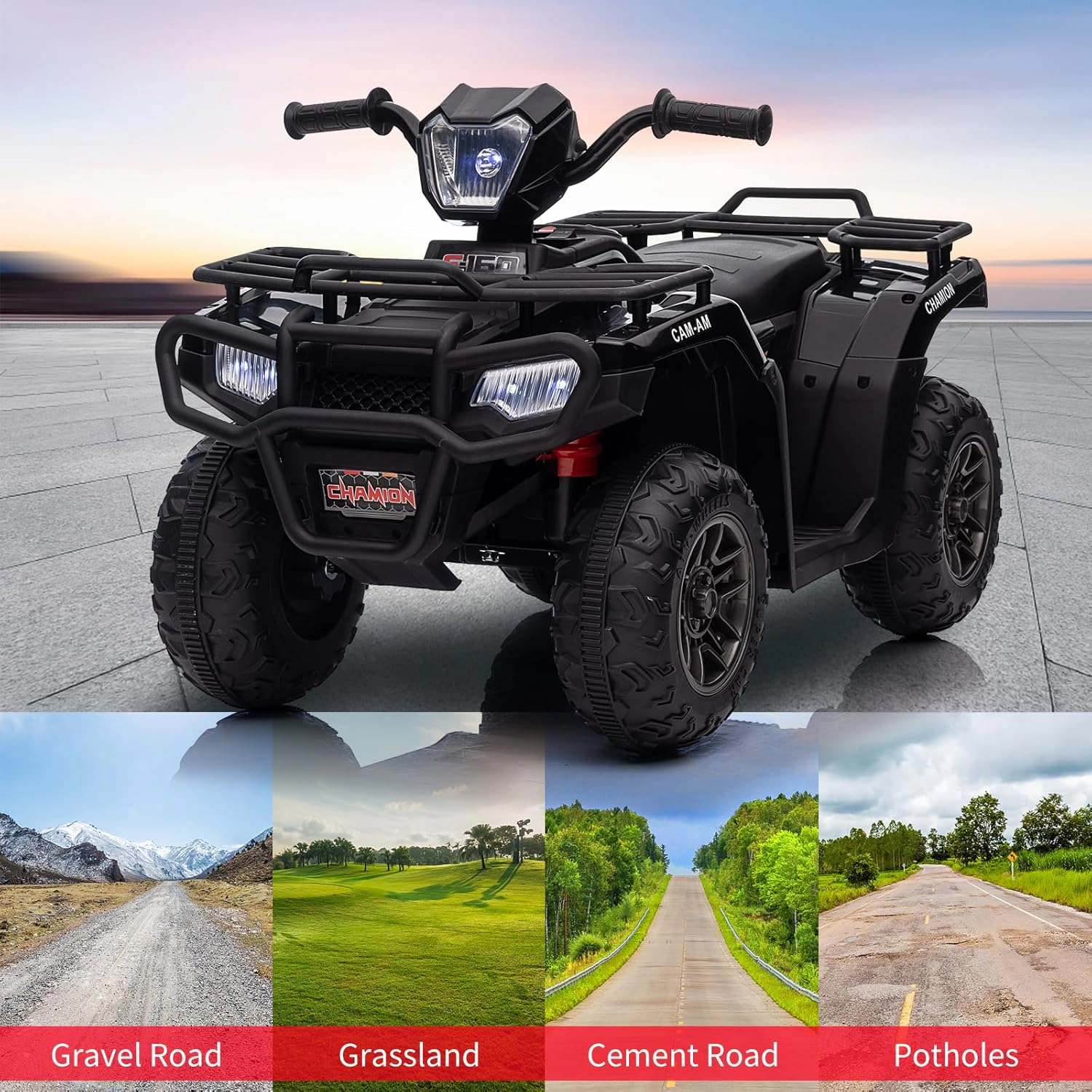 Enjyam 12V Kids Ride-On ATV for Toddlers, Electric 4-Wheel Vehicle with LED Lights, Music, USB, Safe 2.2mph