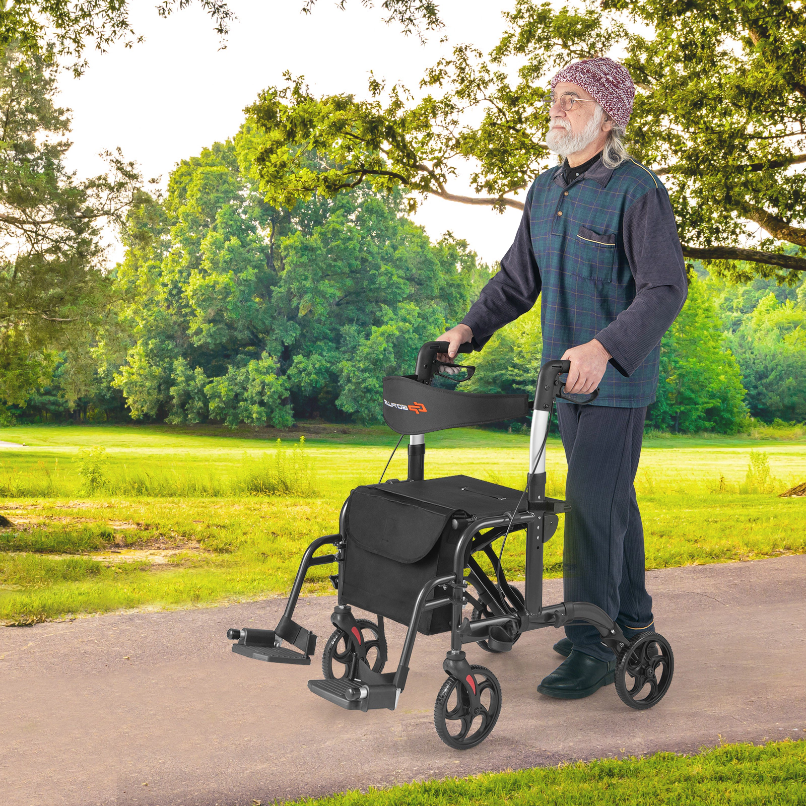 SUGIFT Black 2-in-1 Rollator Walker with Storage Bag and Reversible Backrest 26-in W 33-in D 300-lb Seat Capacity