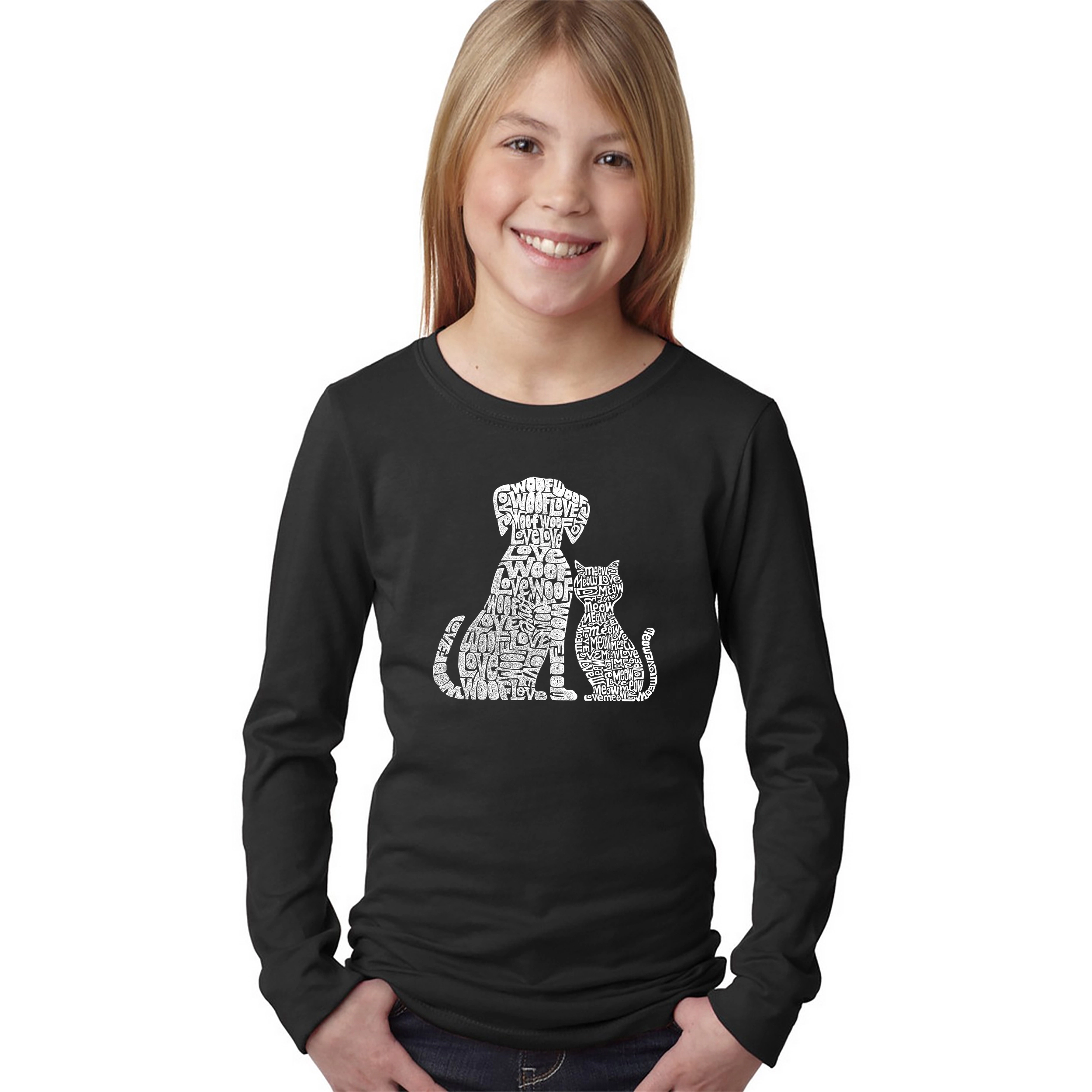 LA Pop Art Girls Long Sleeve Word T-Shirt - Dogs and Cats