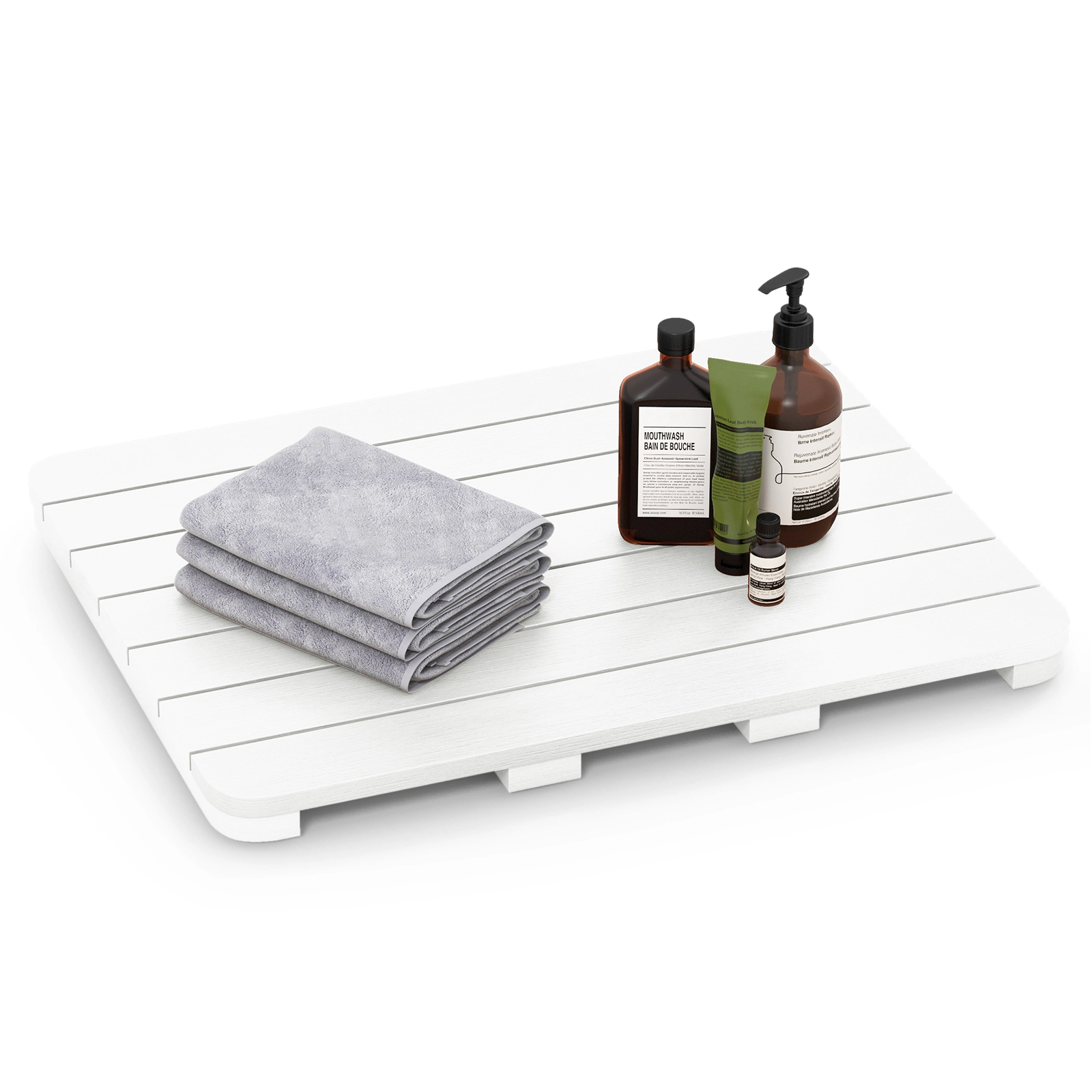 SUGIFT Waterproof Non-Slip Foot Pads Slatted Drainage Bath Shower Mat 23.5-in x 19-in x 2-in 330-lb Capacity White