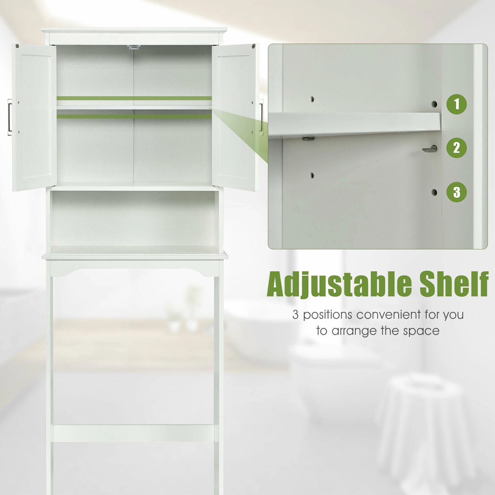 SUGIFT Over Toilet Space Saver White Bathroom Organizer with Storage Cabinet and Open Compartment