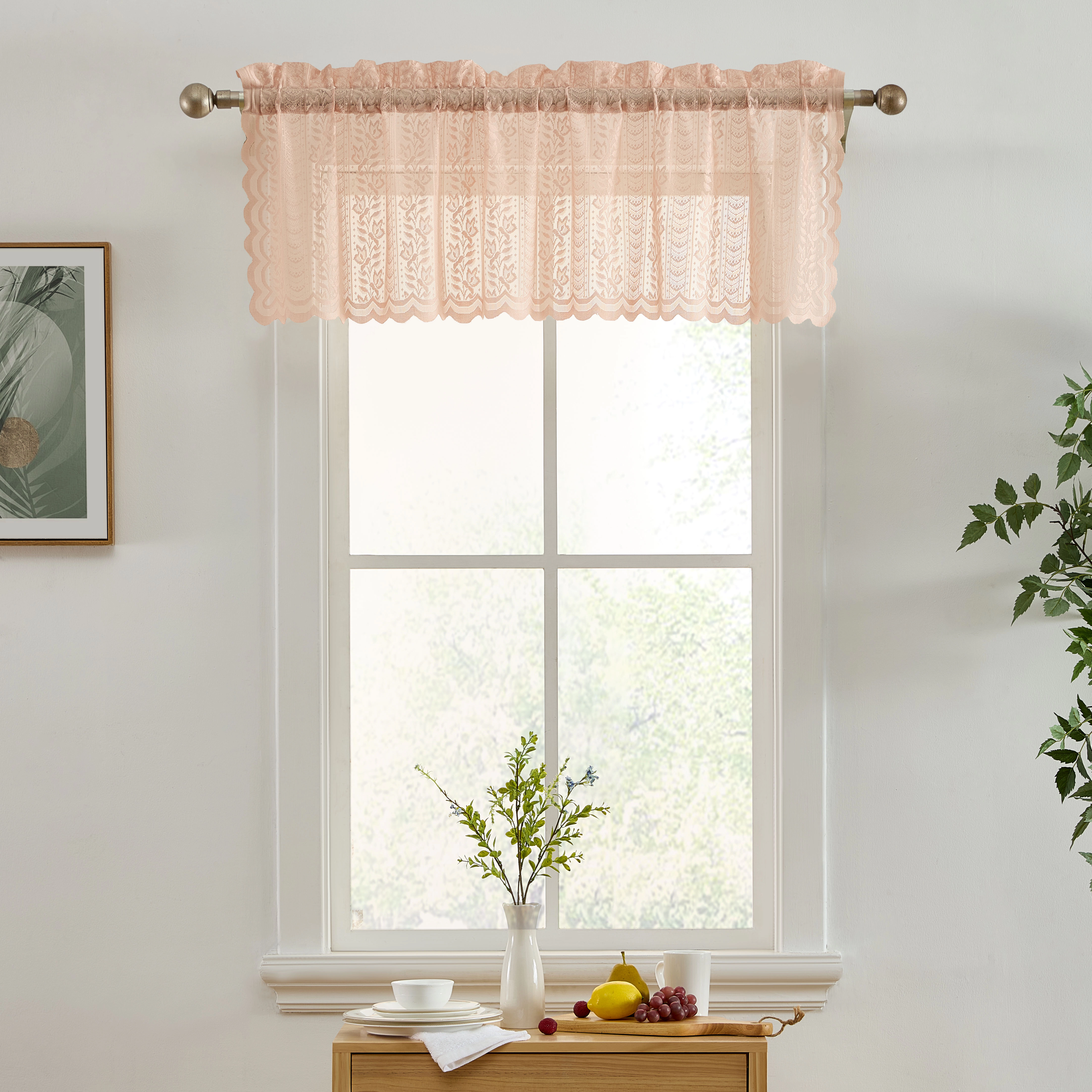 HLC.ME Sophia Floral Rod Pocket Lace Semi Sheer Voile Short Valance for Kitchen & Bathroom - 54 x 18 Inch Long