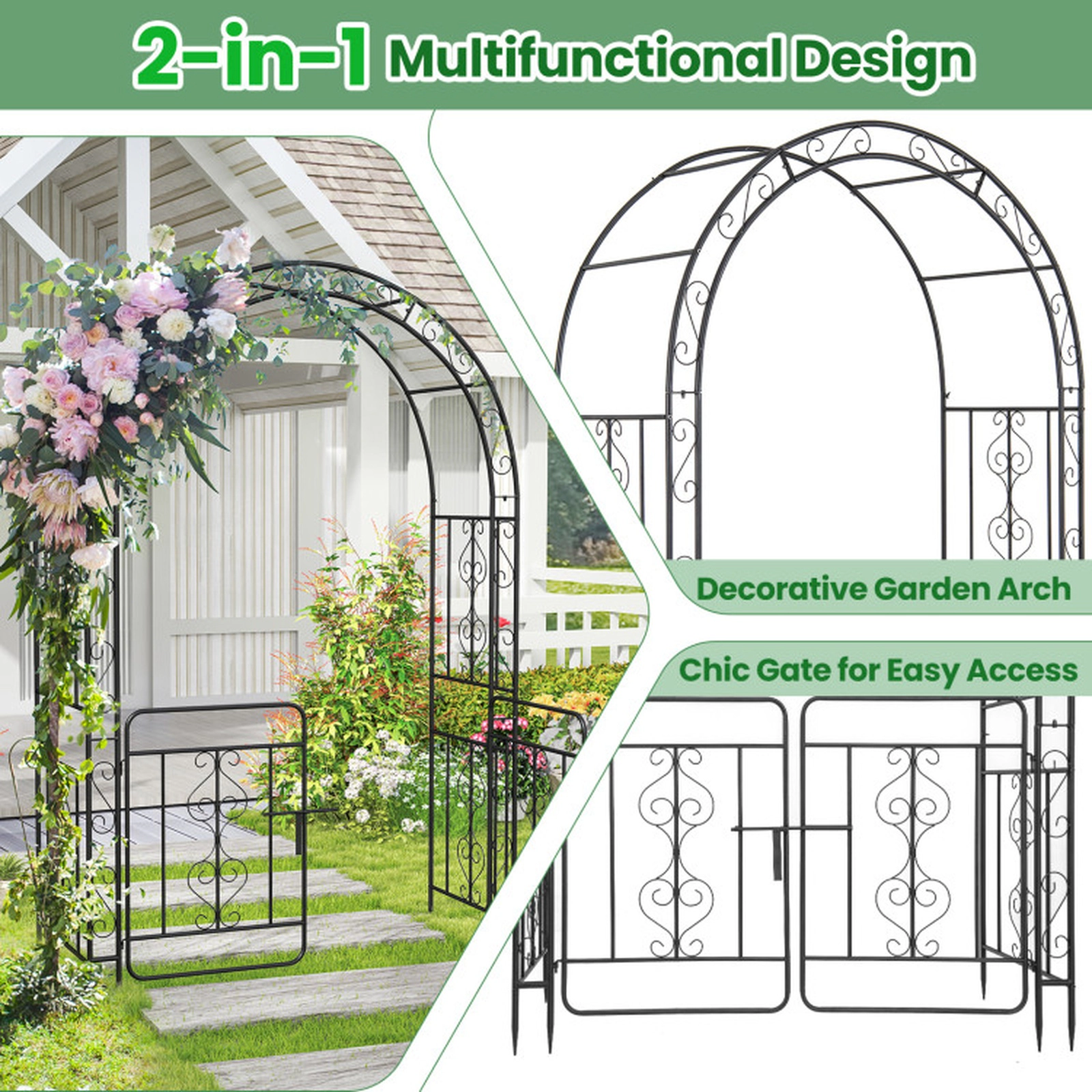 SUGIFT Black Galvanized Metal Garden Arbor with Gate Side Crossbars and 4 Ground Stakes 54-in W 23-in D 84-in H