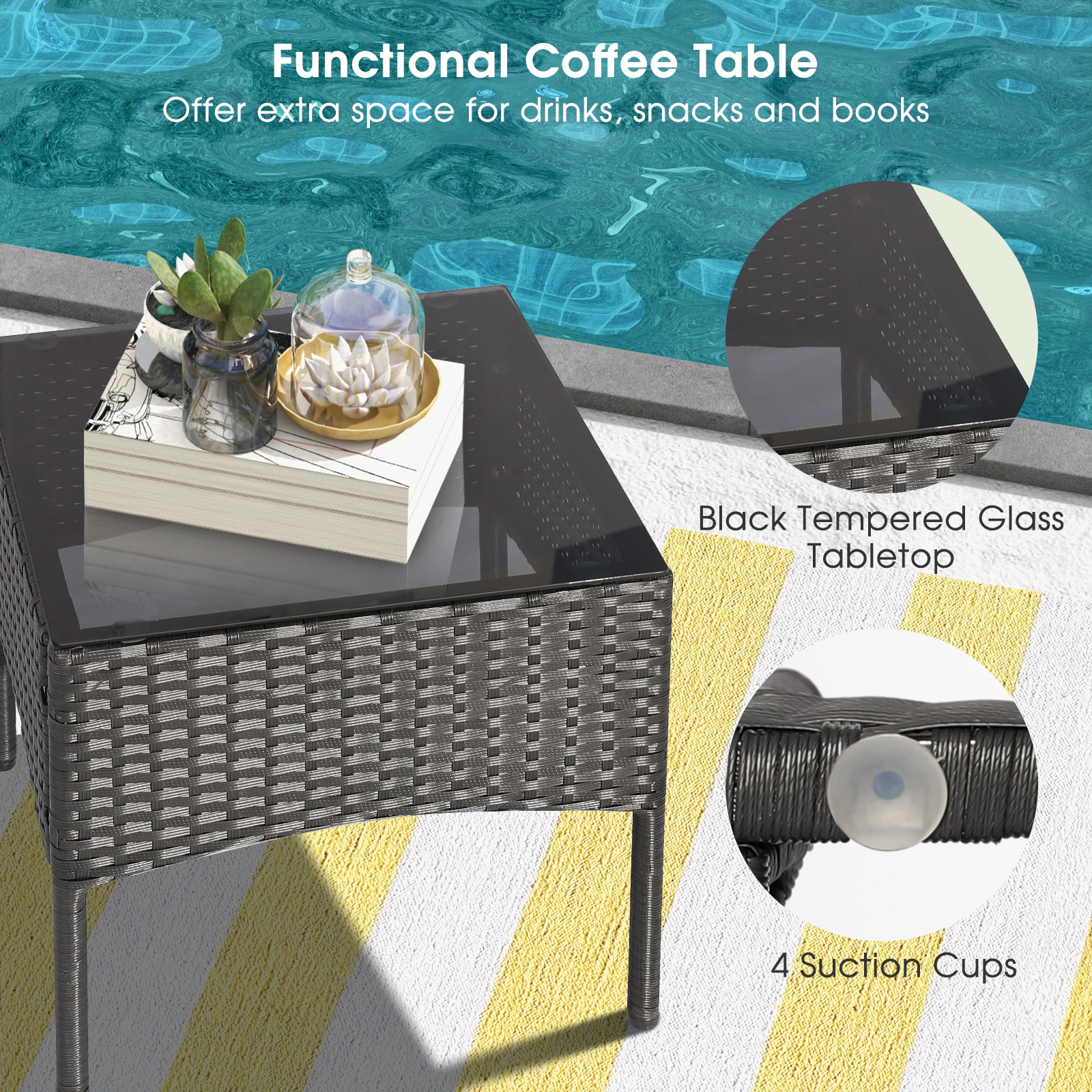 SUGIFT 2 Coffee Tables and 2 Ottomans 8-Piece Black Patio Wicker Conversation Set
