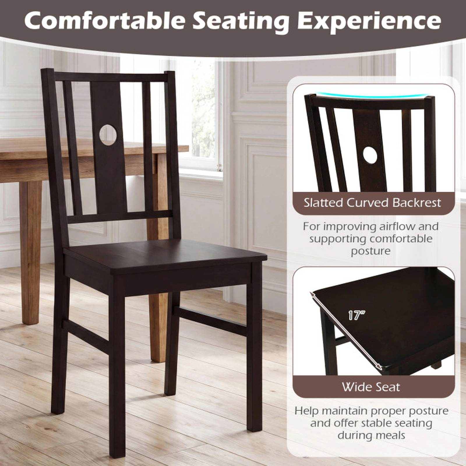 SUGIFT Set of 2 Solid Rubber Wood Kitchen Dining Chairs with Slatted Curved Backrest 330-lb Capacity Coffee