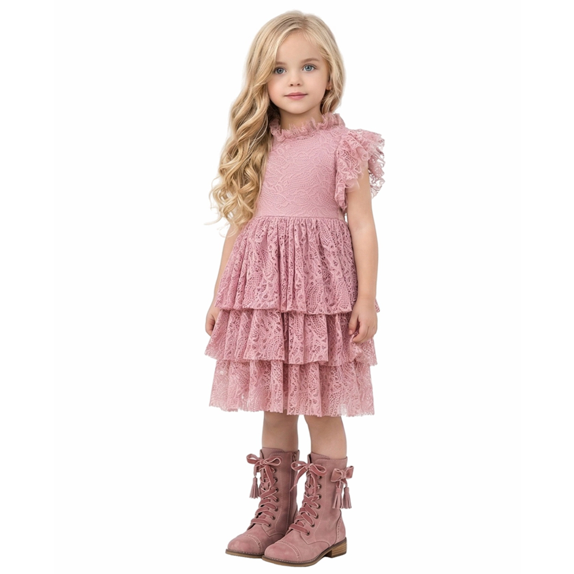 2Bunnies Girls' 12M-8Y Iris Lace Tiered Knee-Length Boho Flower Girl Dress