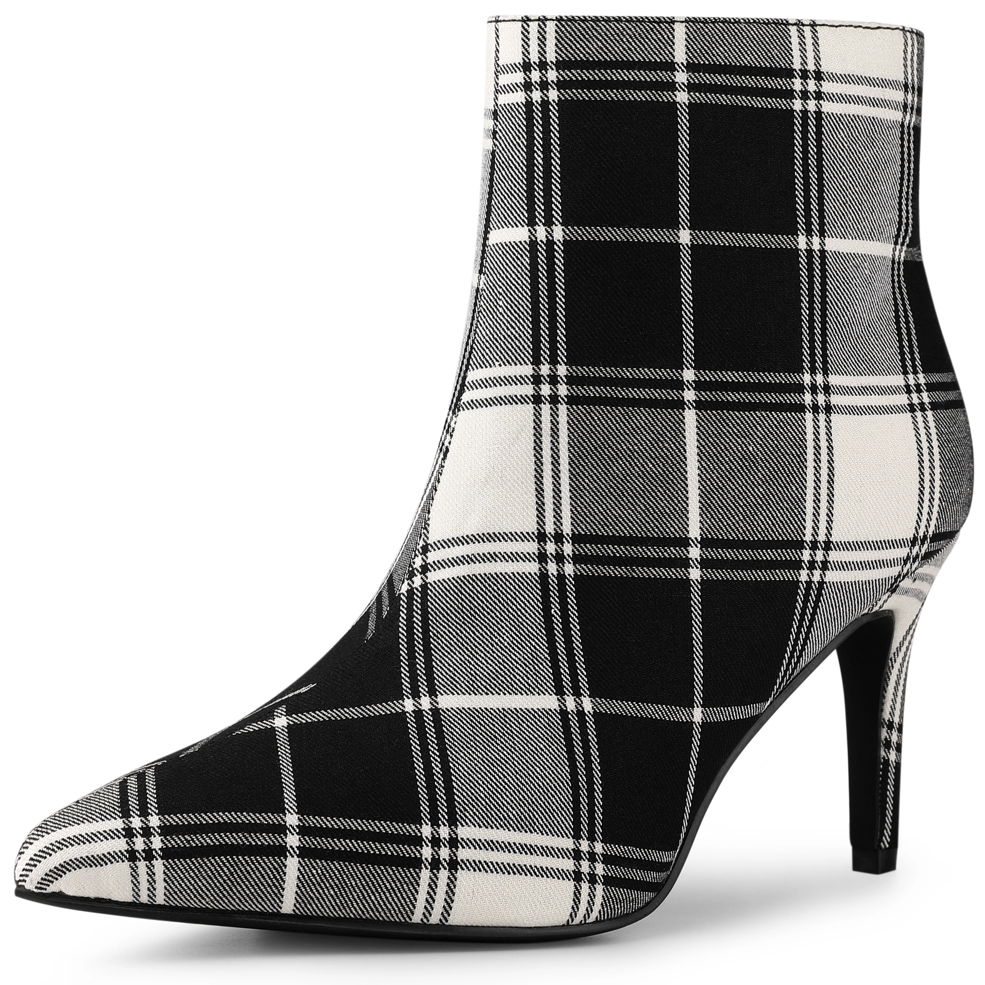 BLISSFUL STEP Women Plaid Pointed Toe Side Zip Stiletto Heel Ankle Boots