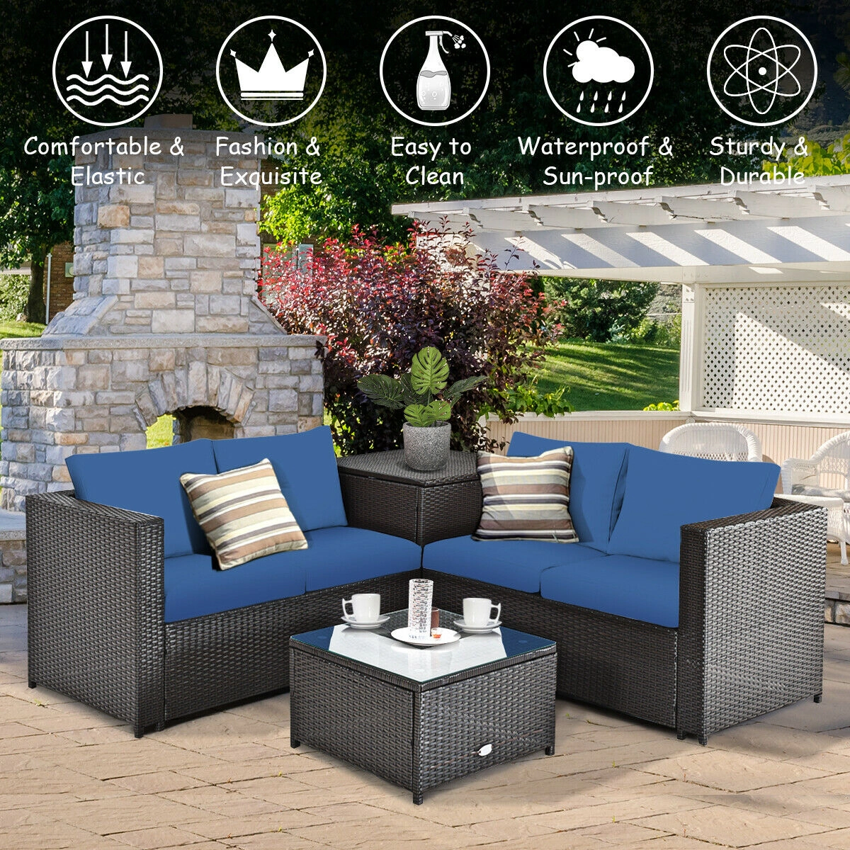 SUGIFT Navy Cushioned Loveseat and Storage End Table 4-Piece Patio Rattan Sectional Set