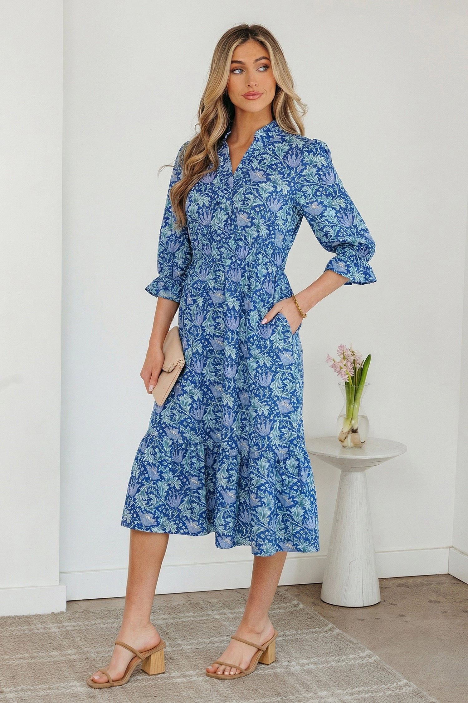 Threaded Pear Womens Athena Bracelet Sleeve Sky Blue Floral A-Line Dress