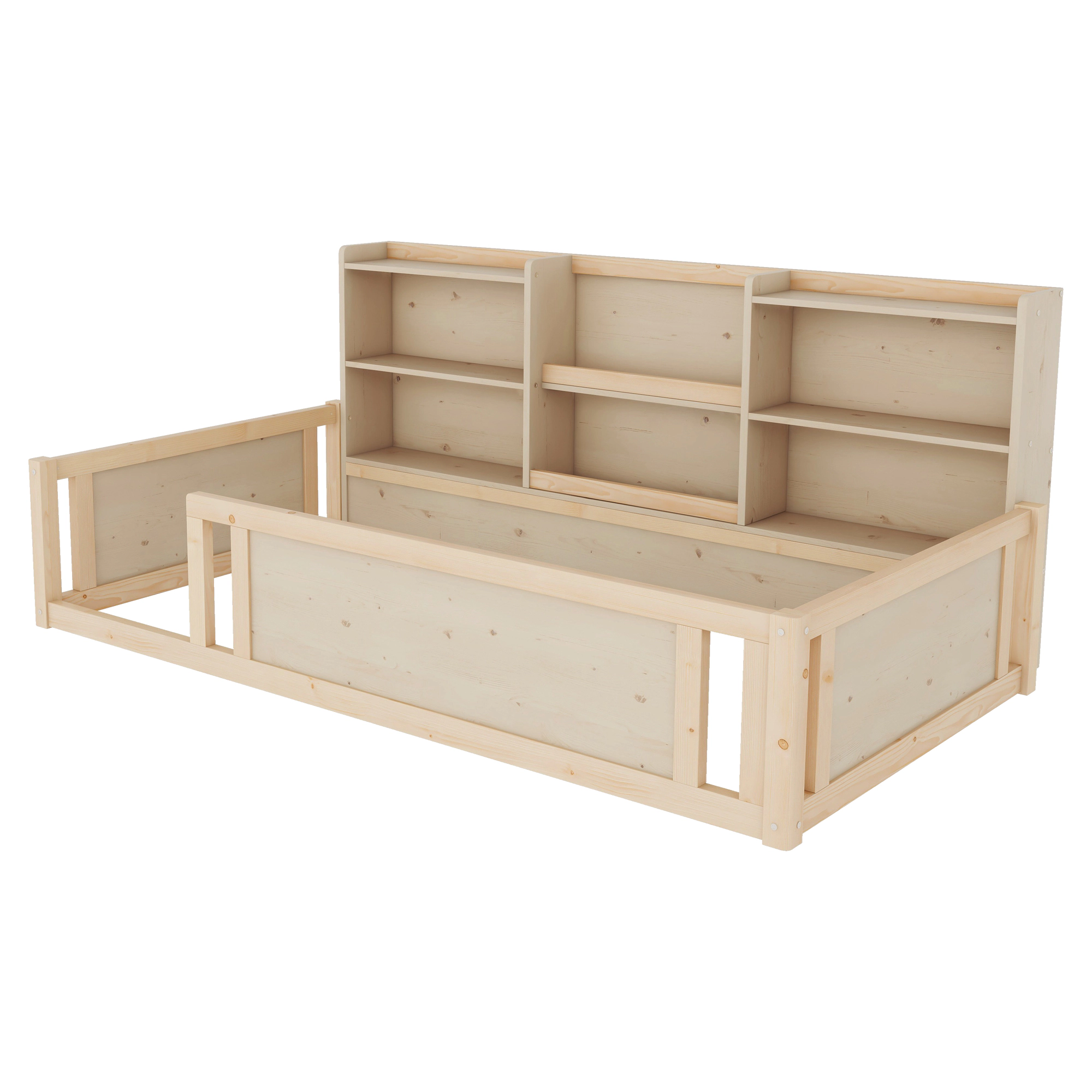 Flynama Twin Wooden Floor Bed, Guardrail Fence & Side Storage Shelves, Natural