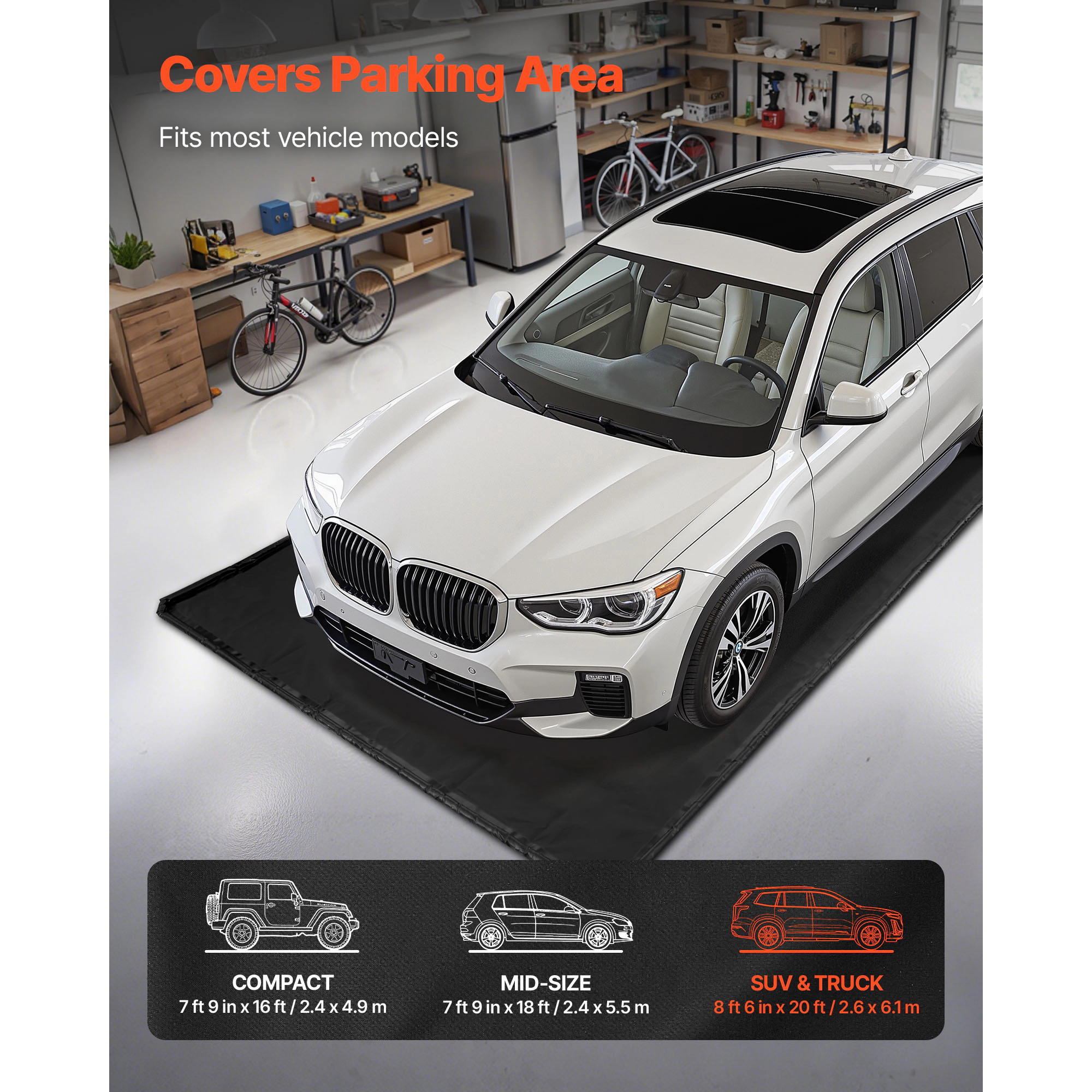 HONGGE Garage Containment Floor Mat, 8 ft 6 in x 20 ft PVC Parking Mat with Squeegee, Raised Edge