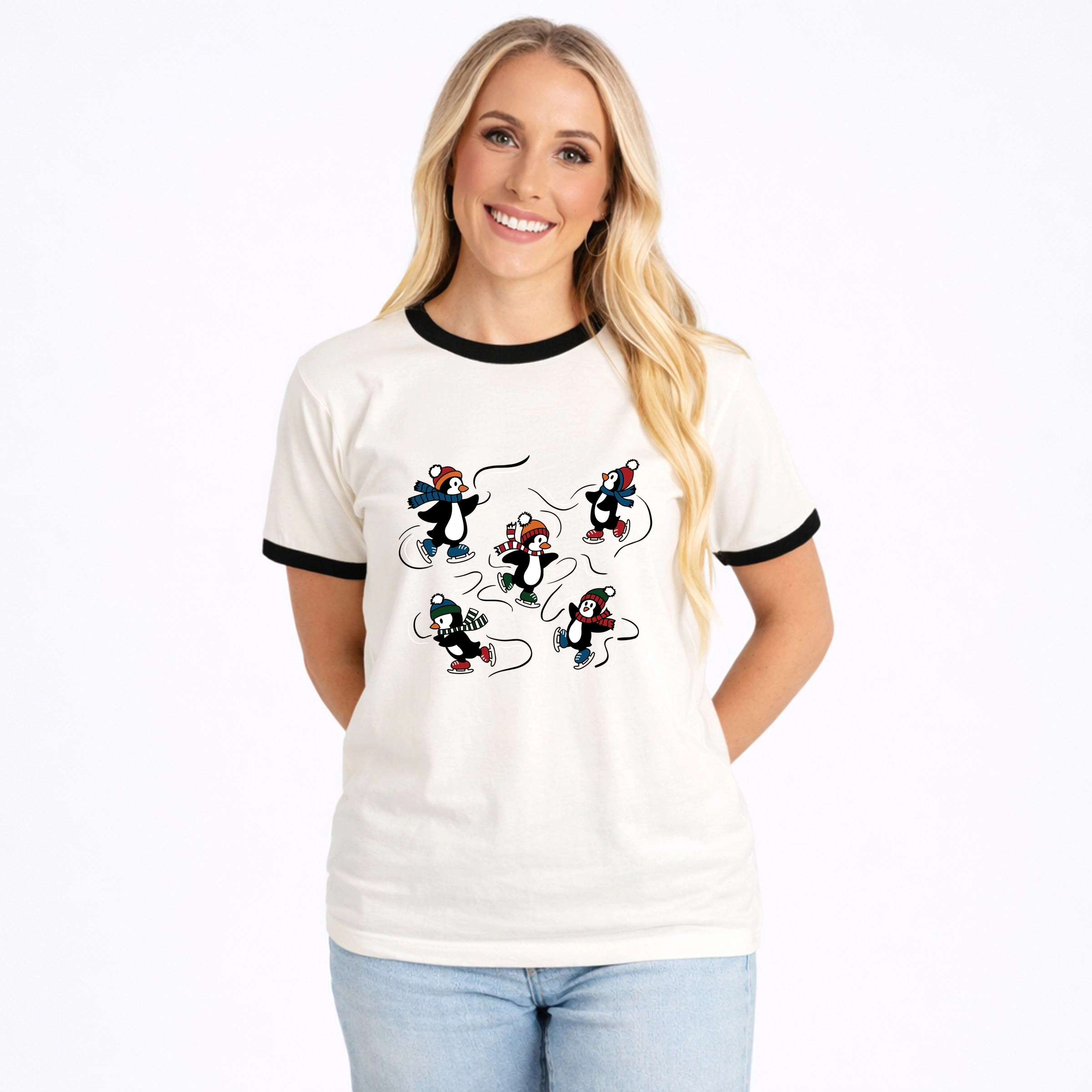 Simply Sage Market - Women's Ringer Graphic T-Shirt Ice Skating Penguins