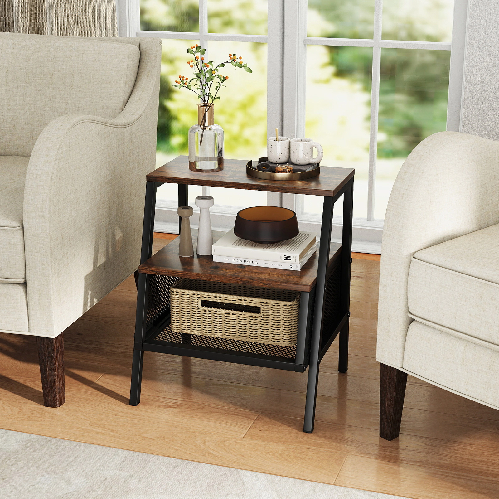 SUGIFT 3-Tier Industrial Nightstand End Table with 2 Open Shelves & Metal Mesh Compartment 22-lb Capacity Rustic Brown +
