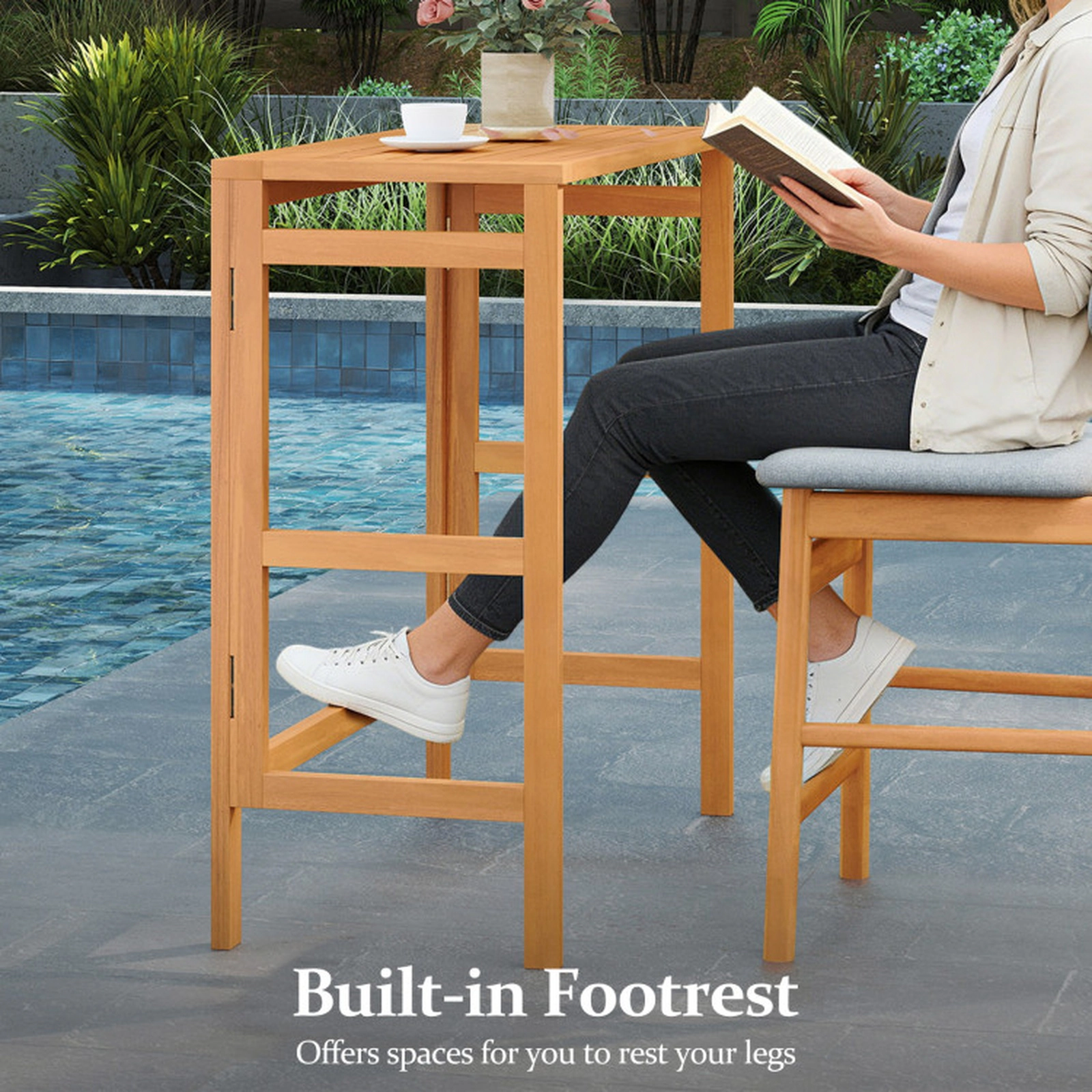 SUGIFT Acacia Wood Outdoor Bar Table Natural Folding Slatted Top for Balcony