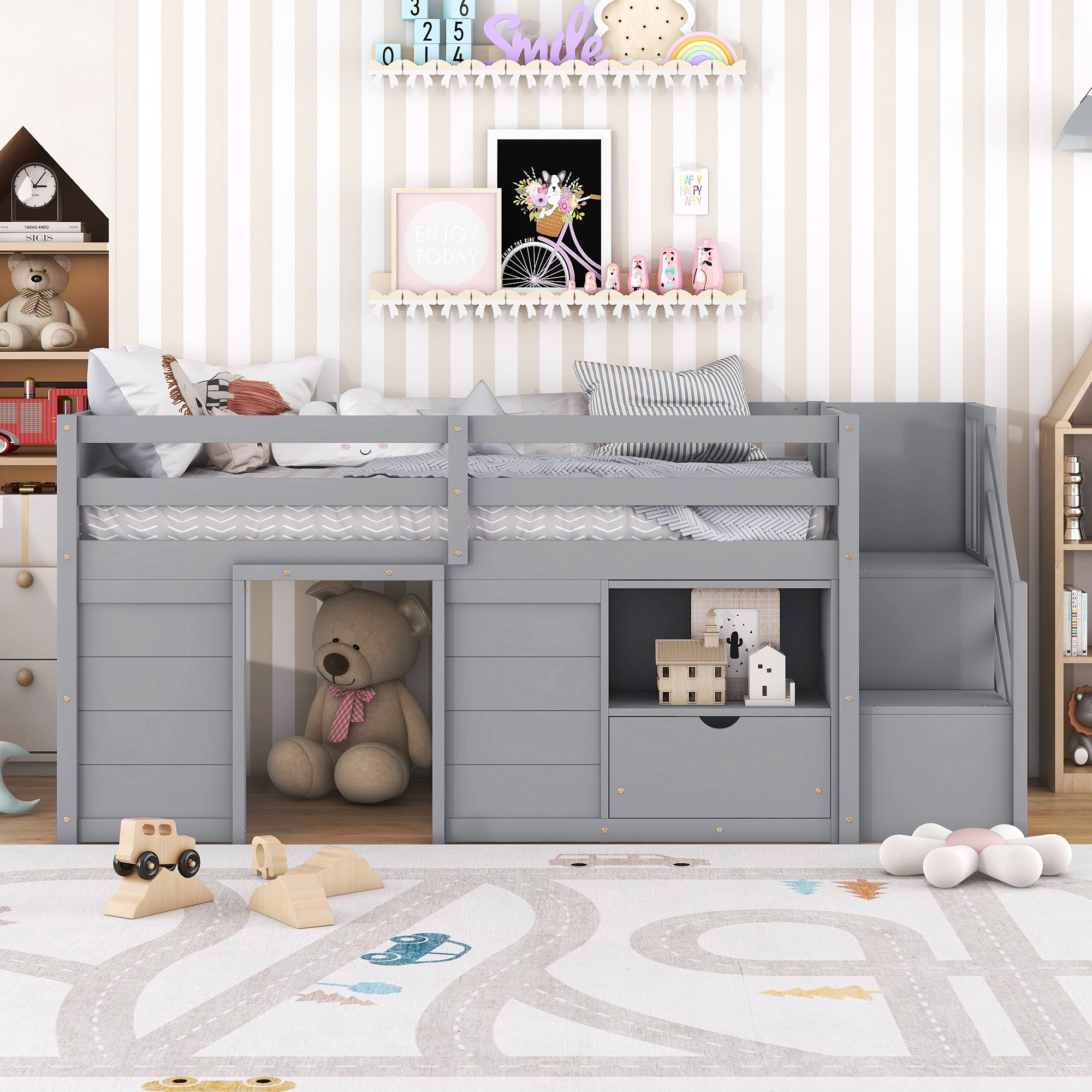 Flynama Twin Low Loft Bed, Solid Wood with Stair, Drawer & Shelf, Grey