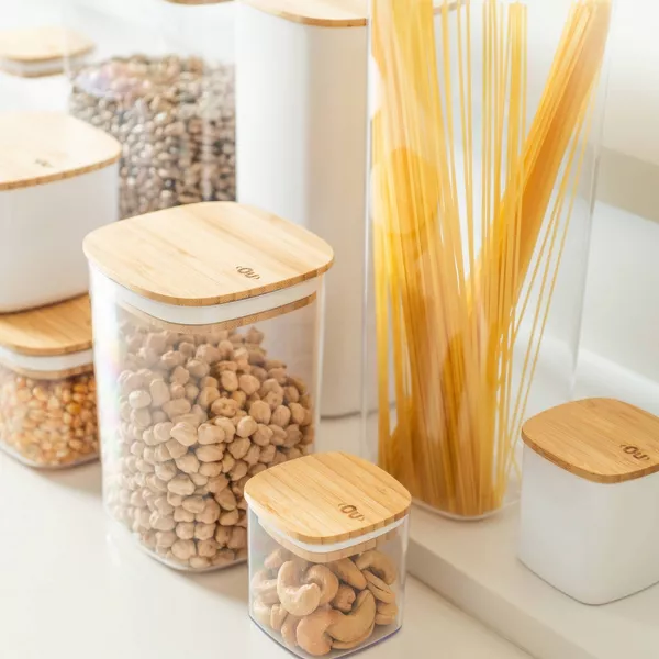 OU Airtight Food Storage Container Set 32pc, Clear Plastic Container w/ Leak Proof Bamboo Lid Stackable Pantry Organizer