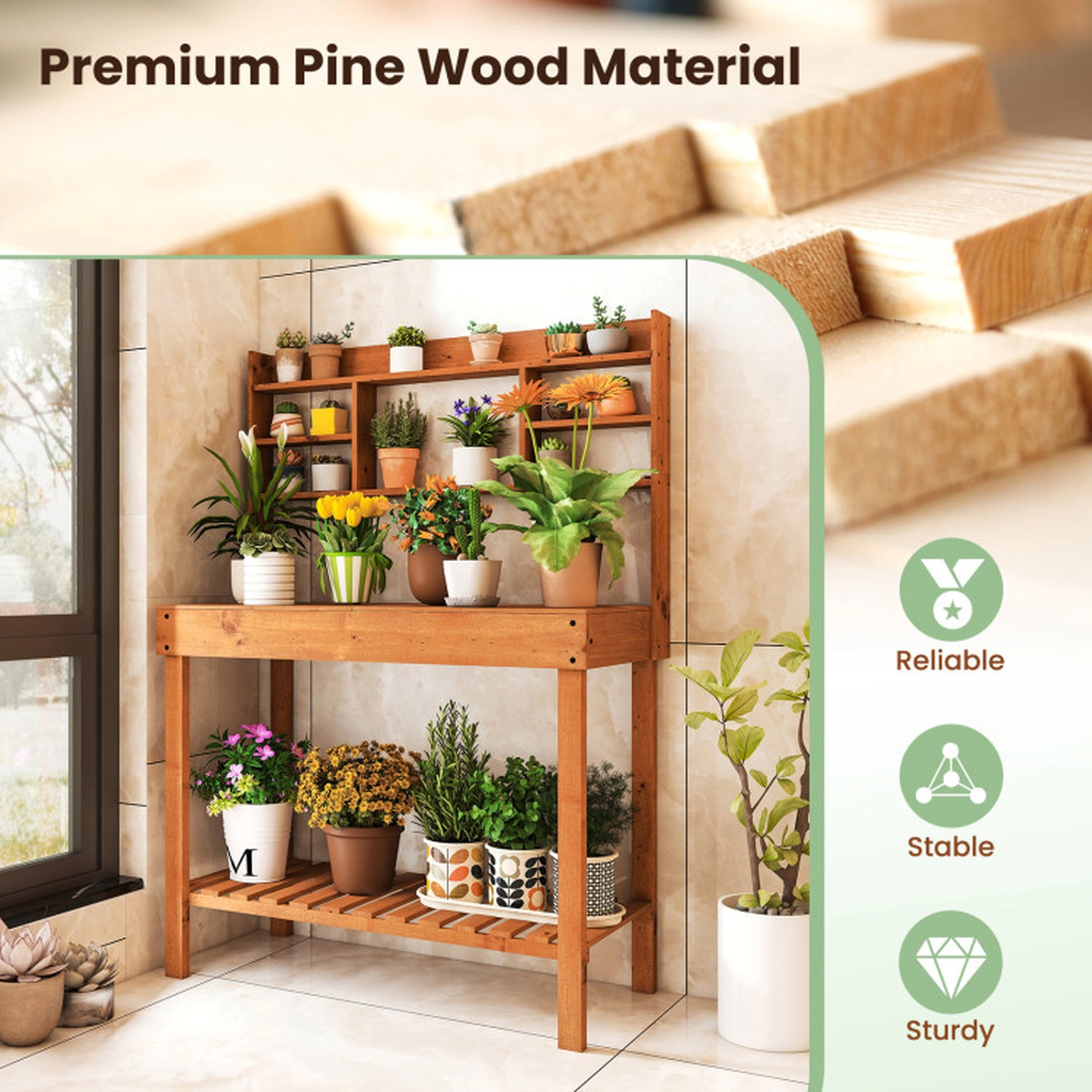 SUGIFT Brown Fir Wood Potting Bench, 3-Tier Shelves, Flip-Up Tabletop and Hidden Storage