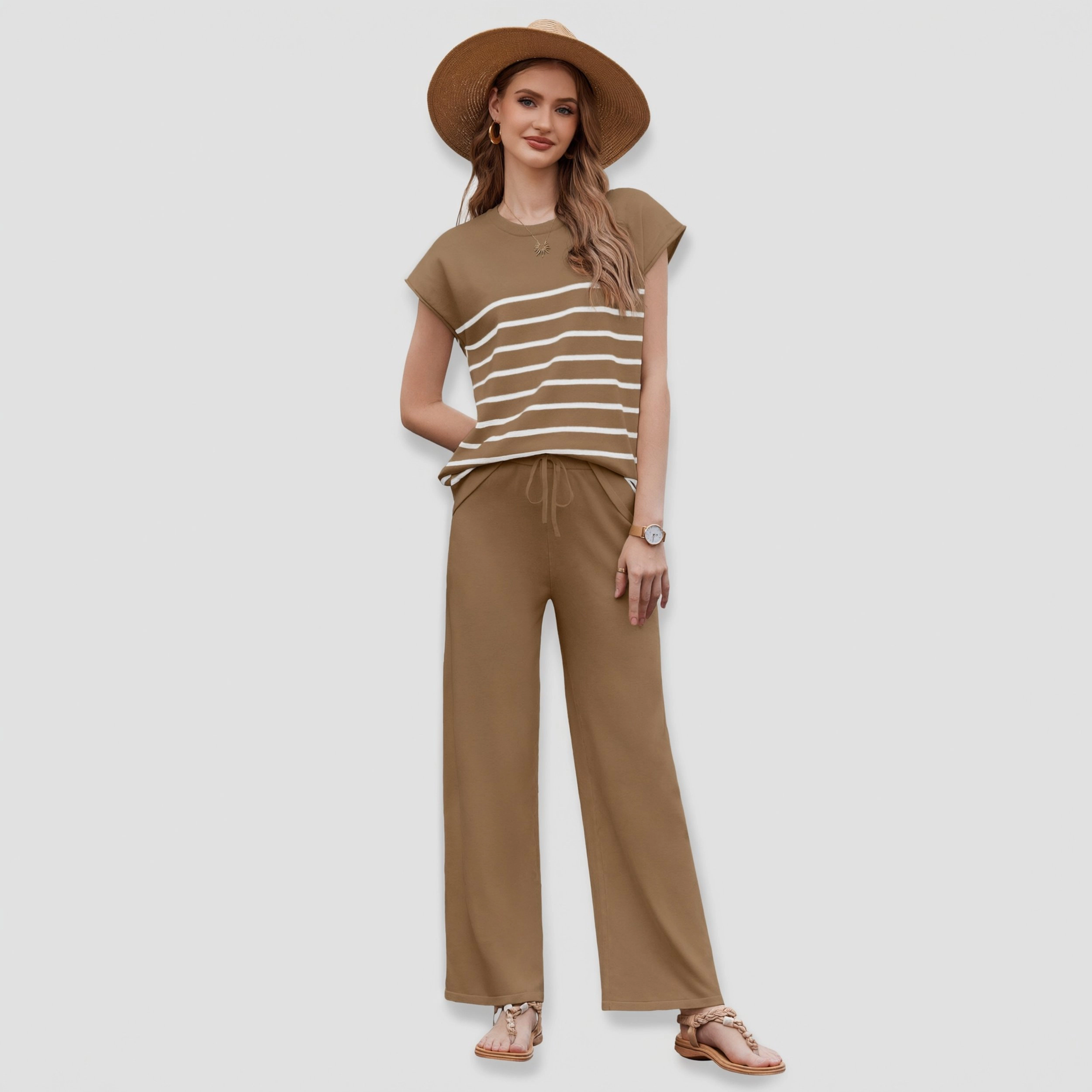 Ekouaer Women's Knit Lounge Set with Striped Top and Wide Leg Pants