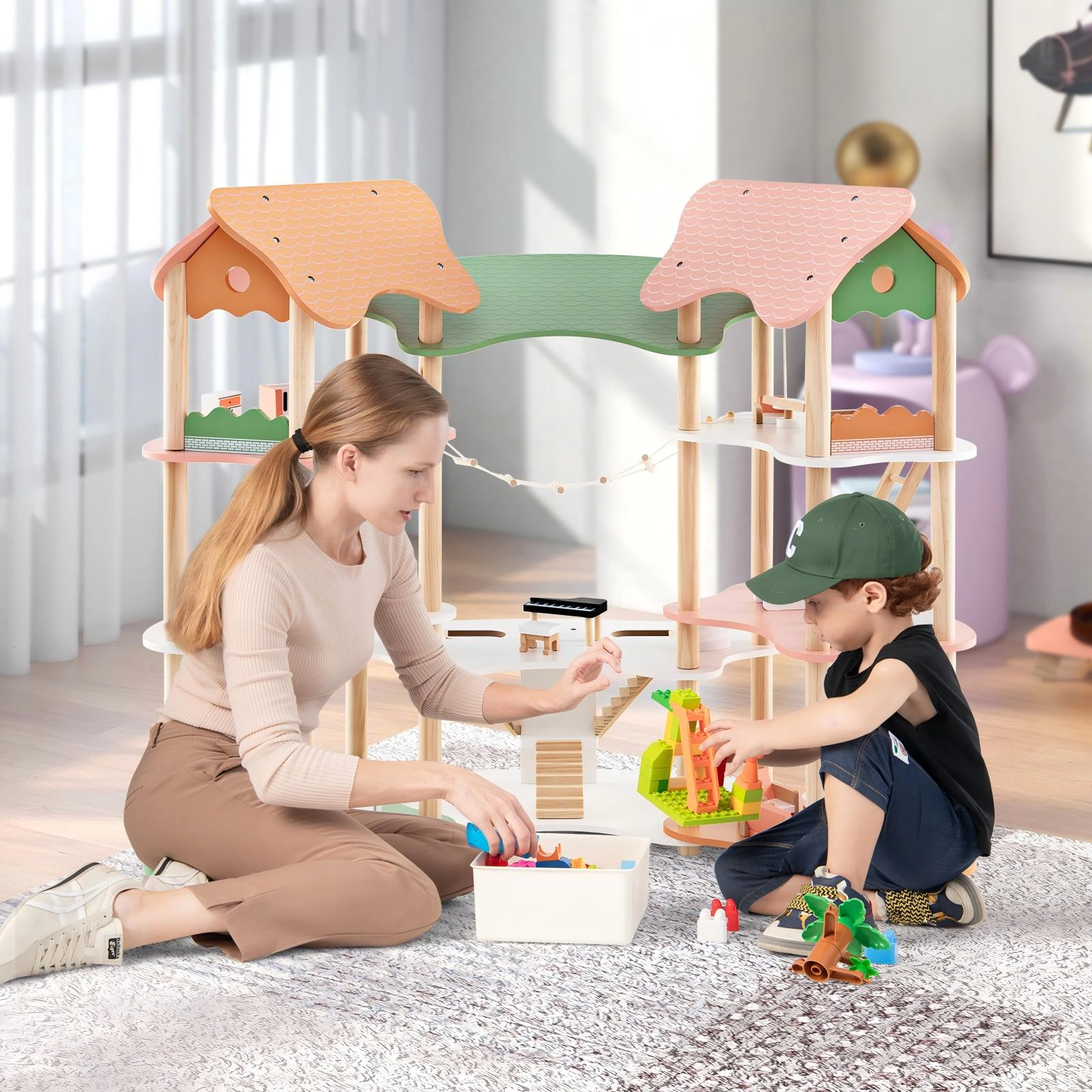 SUGIFT 3-Tier Wooden Dollhouse Playset with 31 Furniture Pieces for 3-6 in Dolls Ages 3-8 Pink+Green+Natural