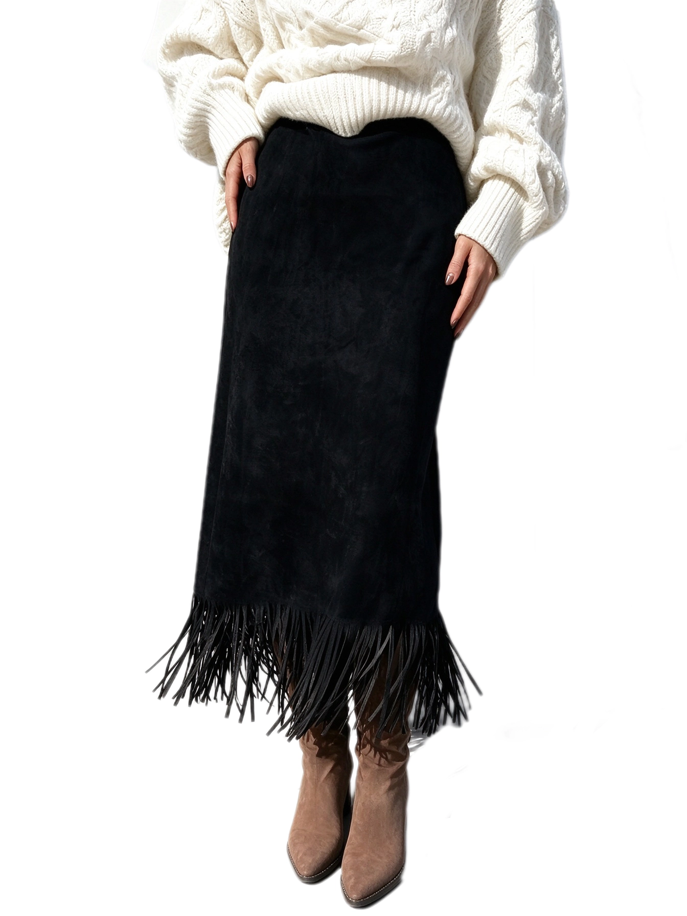 BLUEMING Womens Fringe Trim Faux Suede Skirt Boho High Waisted Pencil Dressy Fall Winter Midi Long Skirt Vacation Street