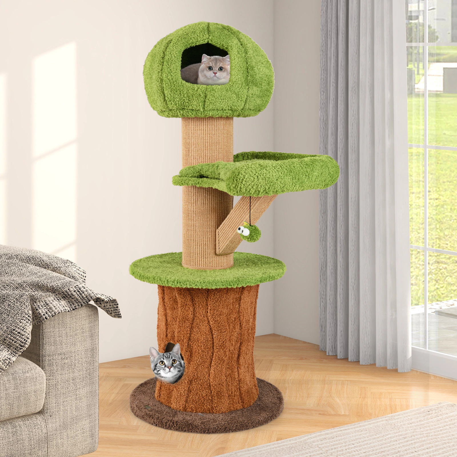 SUGIFT Mushroom Cat Tree with 2 Condos Plush Perch Thick Scratching Posts 33-lb Capacity 24 x 58 in Green Brown Natural