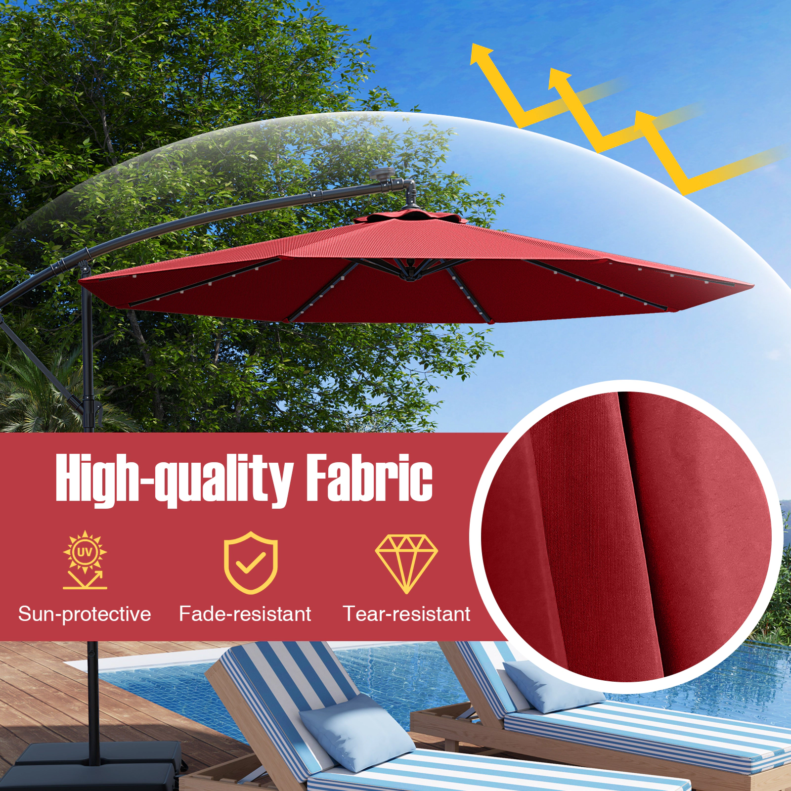 SUGIFT 10-ft Offset Cantilever Patio Umbrella with 40 Solar Powered Lights and Sand Bag Red