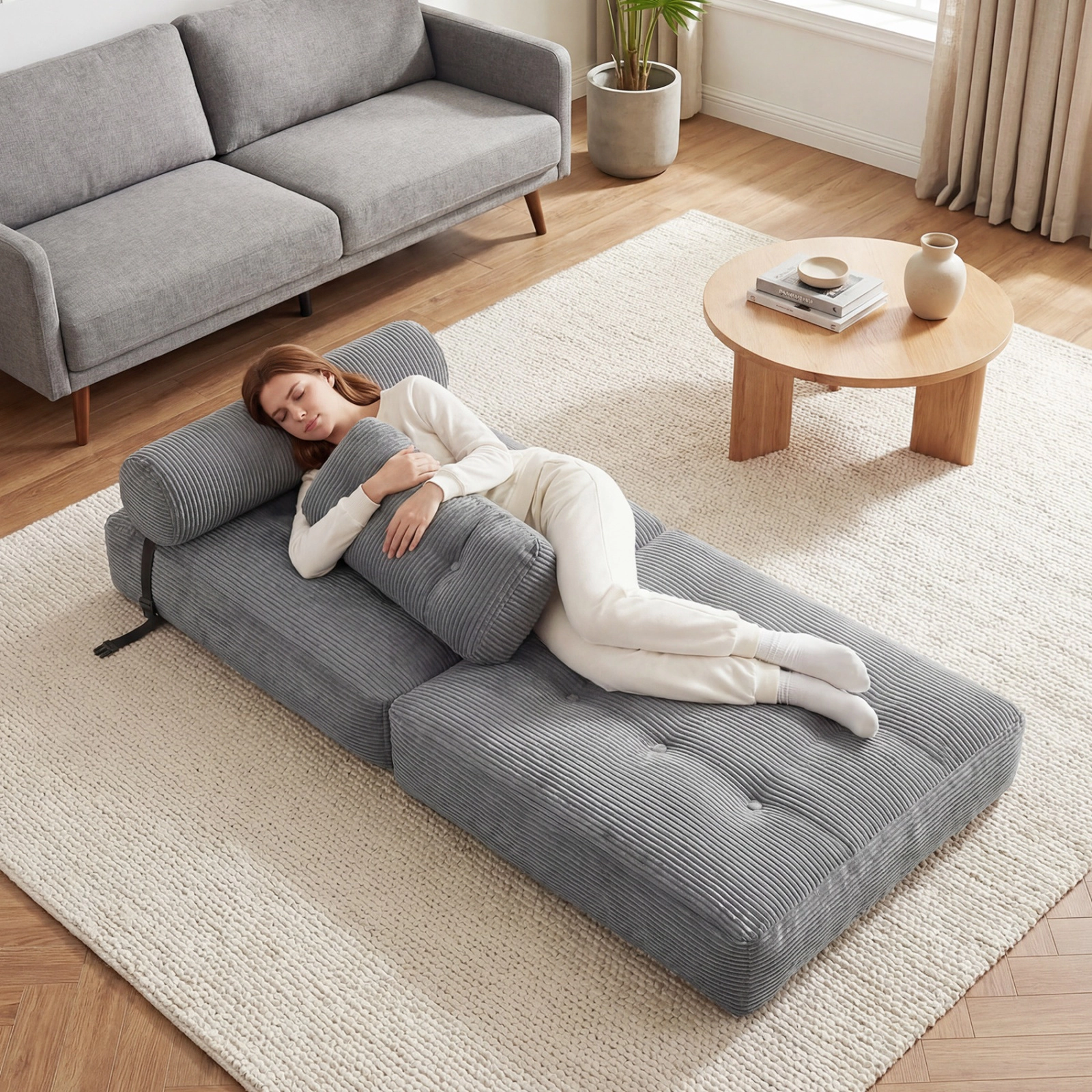 SUGIFT 3-in-1 Corduroy Folding Sofa Bed Pillow & Back Support 355-lb Capacity 68-in Bed Beige Black Gray Navy Blue Pink