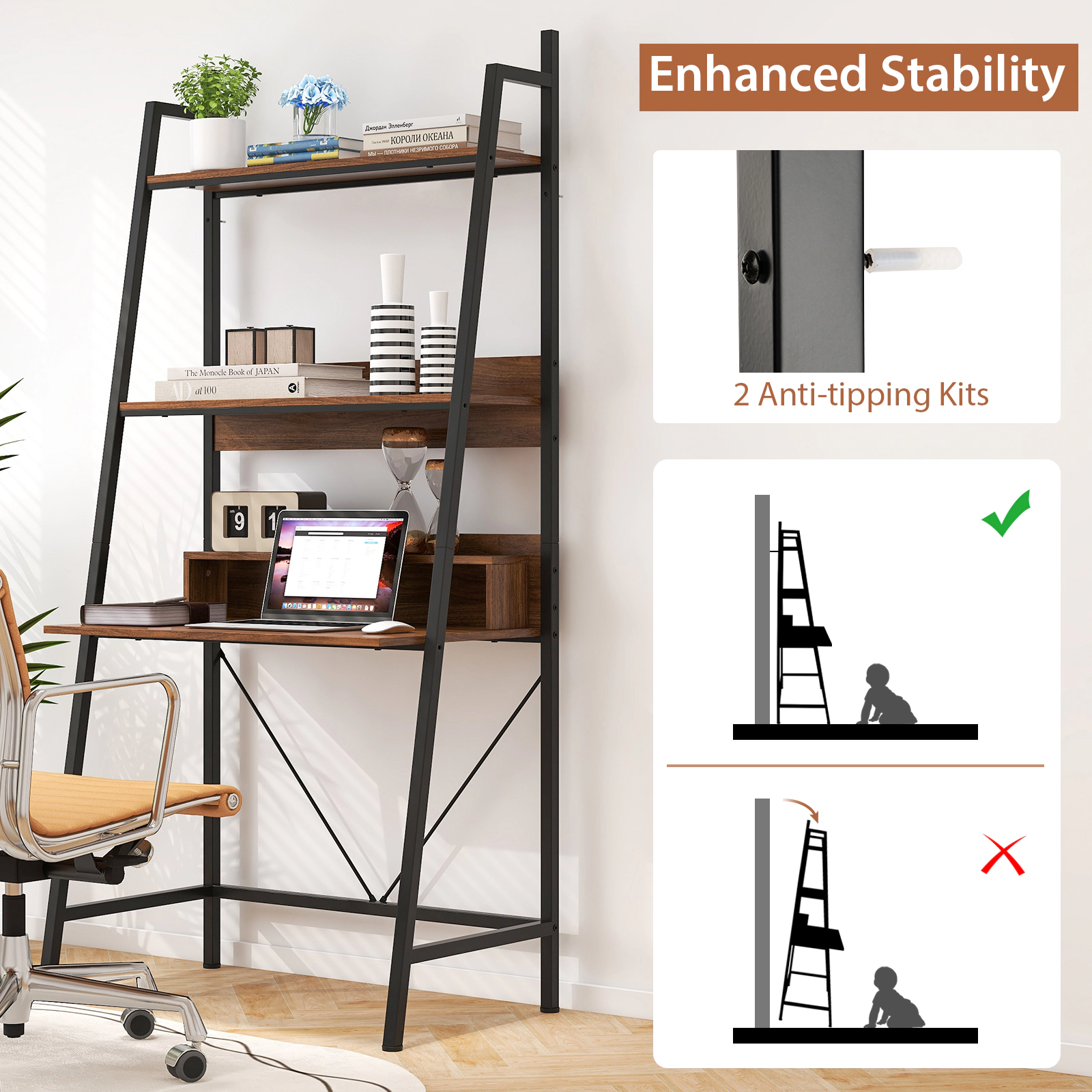 SUGIFT 71-in High Freestanding Laptop Desk with Open Shelves 34 x 20 x 71-in Frame 180-lb Capacity Rustic Brown + Black