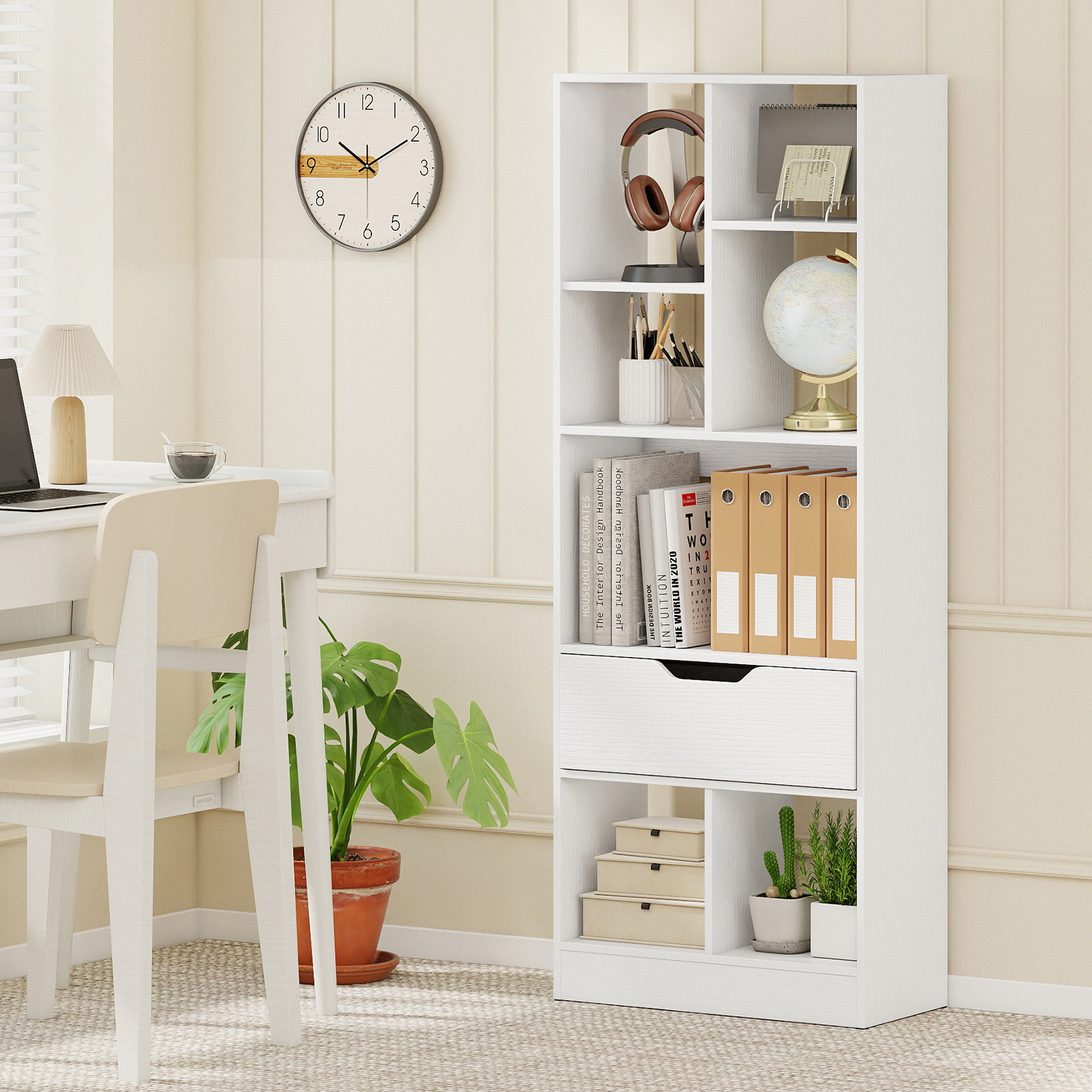 SUGIFT 7-Cube 51-in Tall Narrow Freestanding Bookshelf with Drawer Storage Organizer for Small Spaces