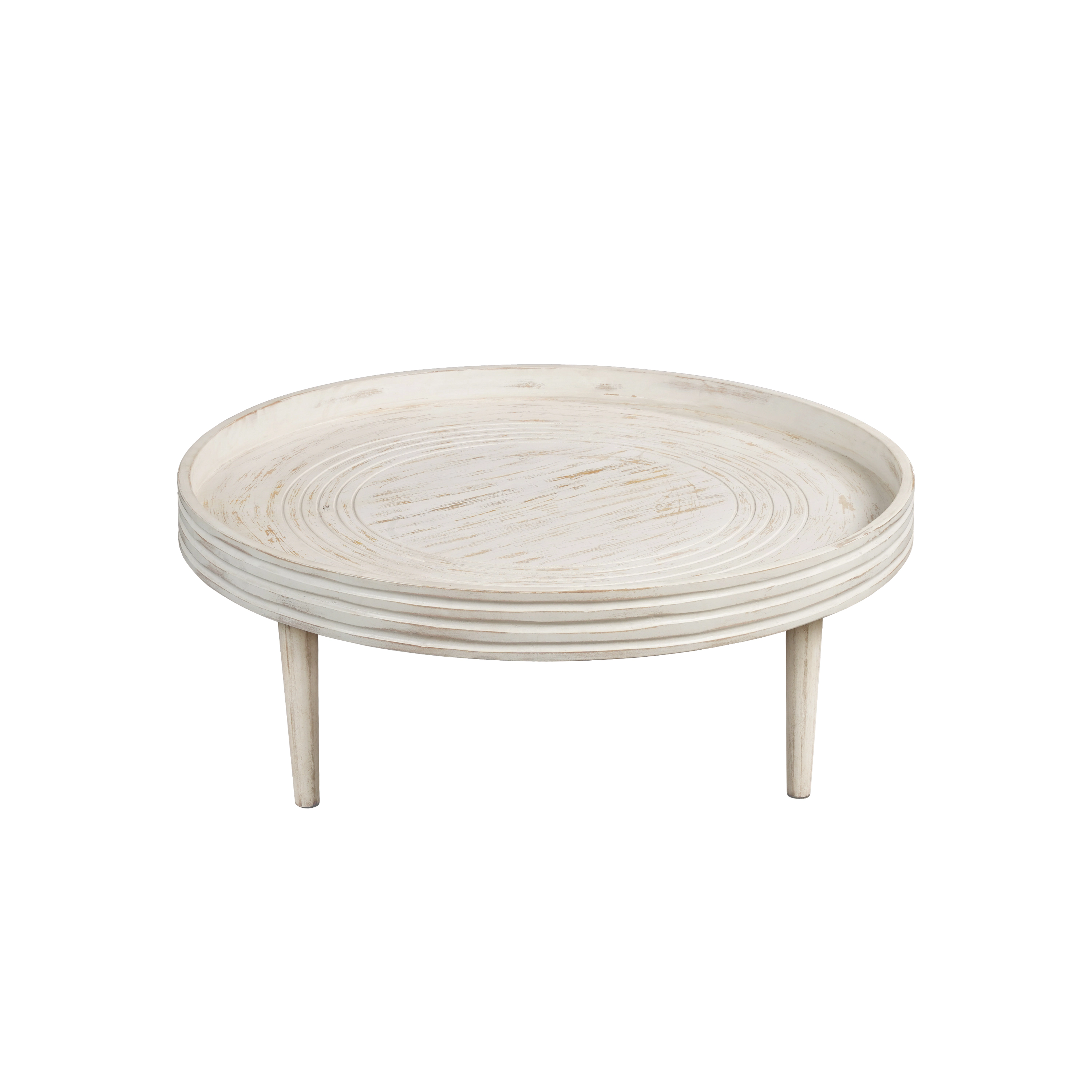 The Urban Port 33 Inch Coffee Table, Solid Mango Wood, Handcrafted Round Grooved Raised Edge, Distressed White