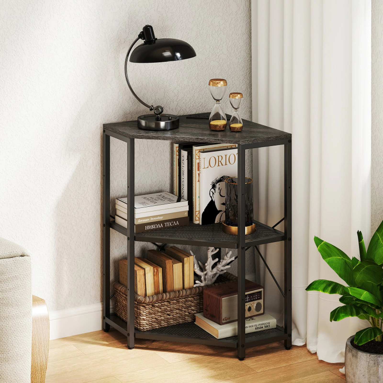 SUGIFT 3-Tier 2 AC Outlets Adjustable Middle Shelf Corner Printer Stand 20-in x 20-in x 31-in 45-lb Capacity Black