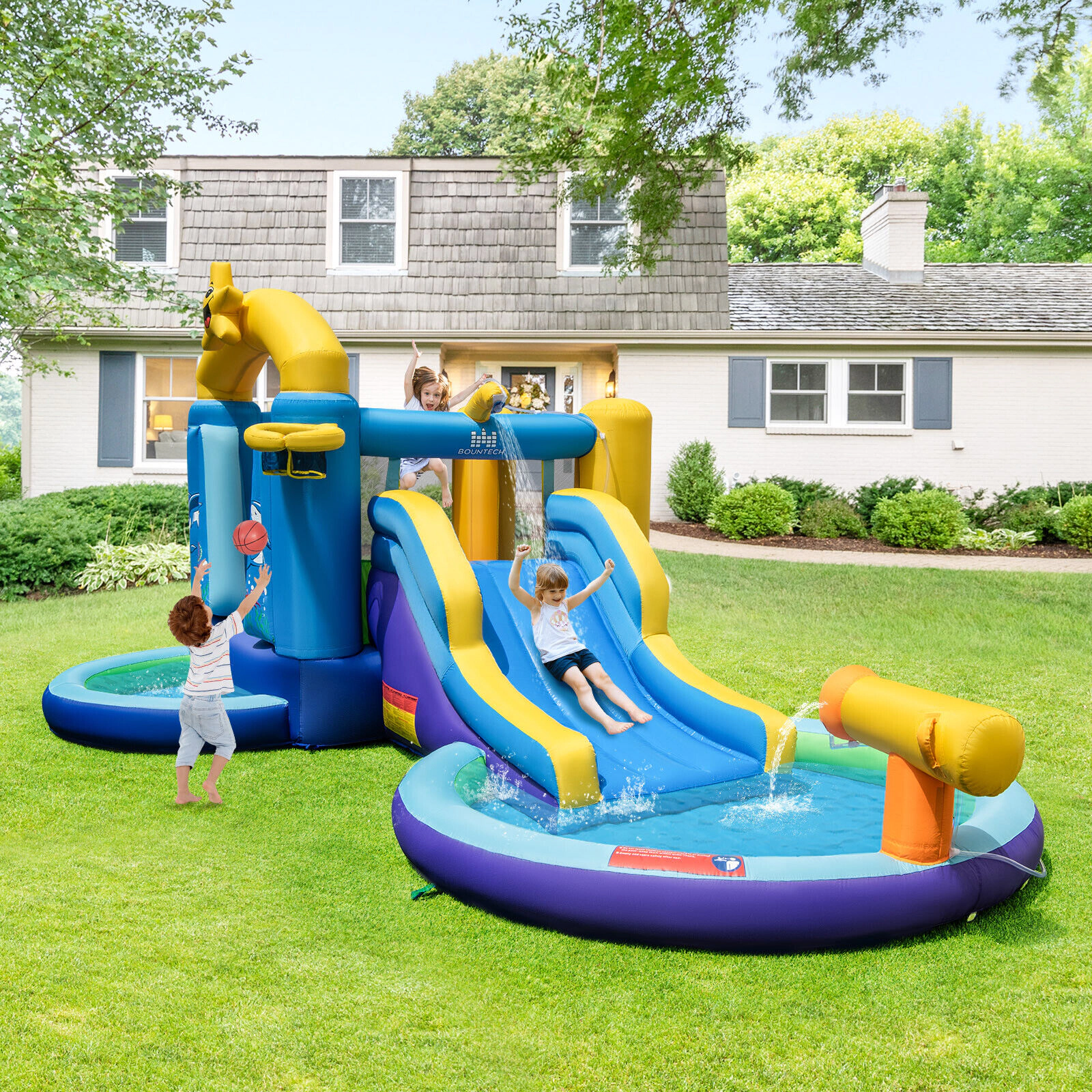 SUGIFT Blue Ocean Themed 2 Pools and 680W Blower Kids Inflatable Bounce House