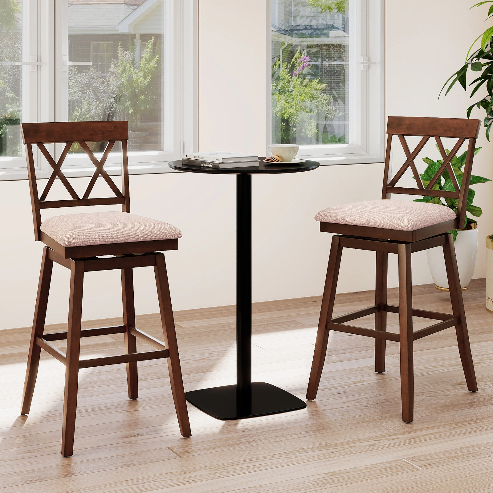 SUGIFT X-Back and Linen Upholstered Seat Cushion Set of 2 Oak 29 in Swivel Bar Stools